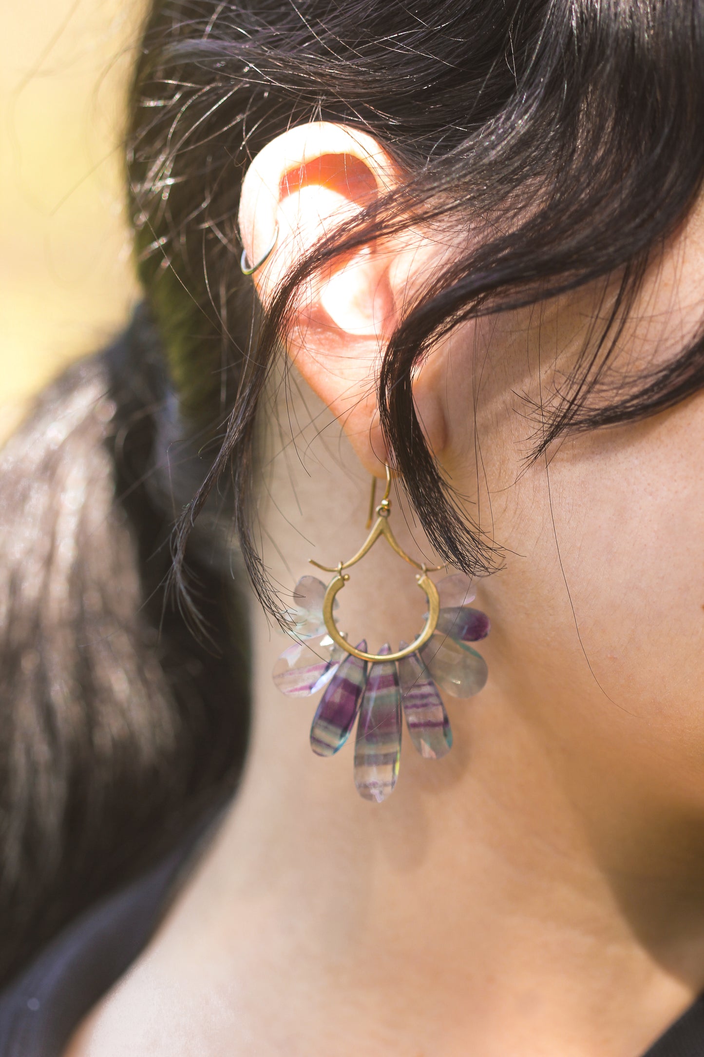 Large Peacock Earrings in Fluorite and 14k Gold