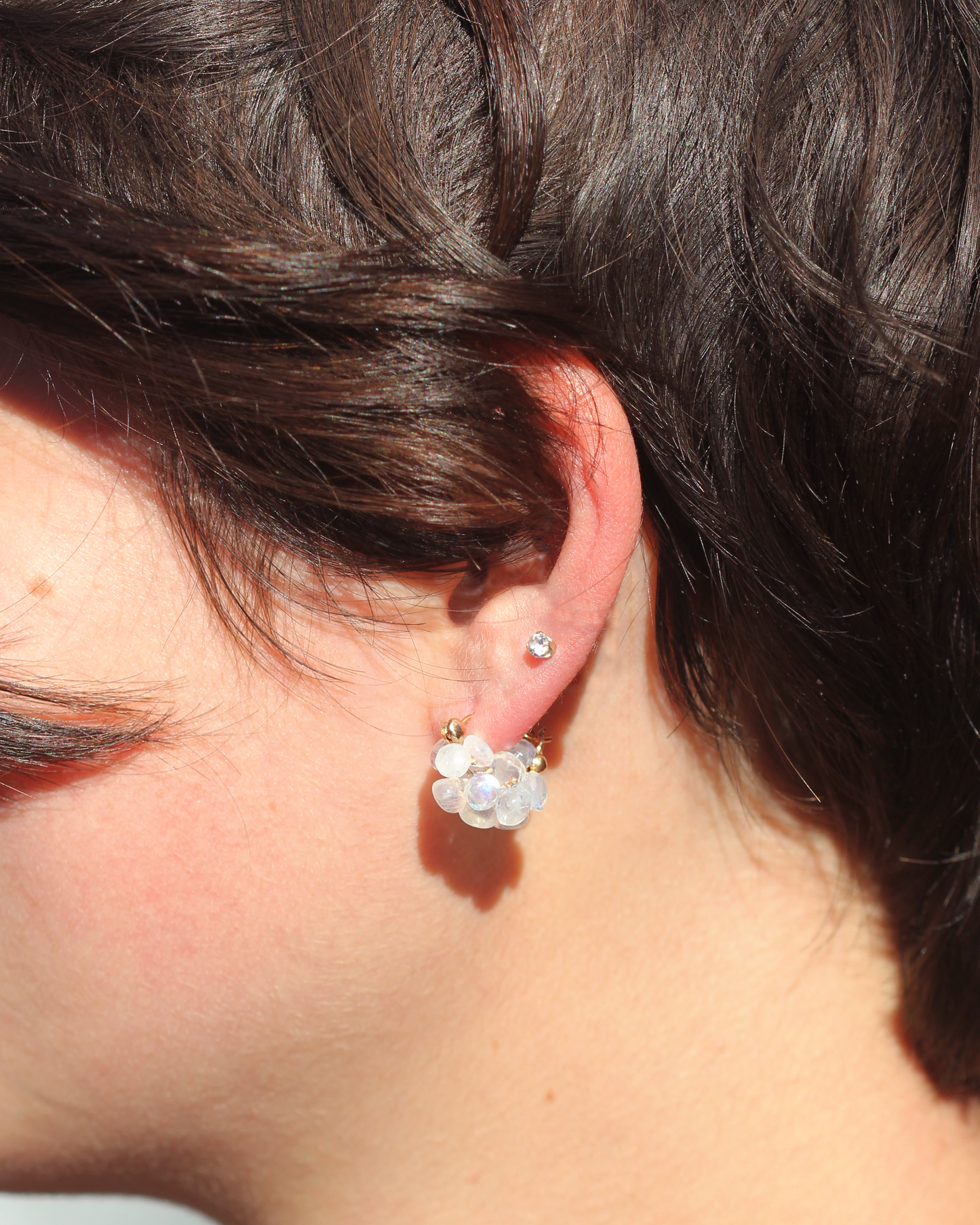Cloud Huggie Earrings in Rainbow Moonstone & 14k Gold