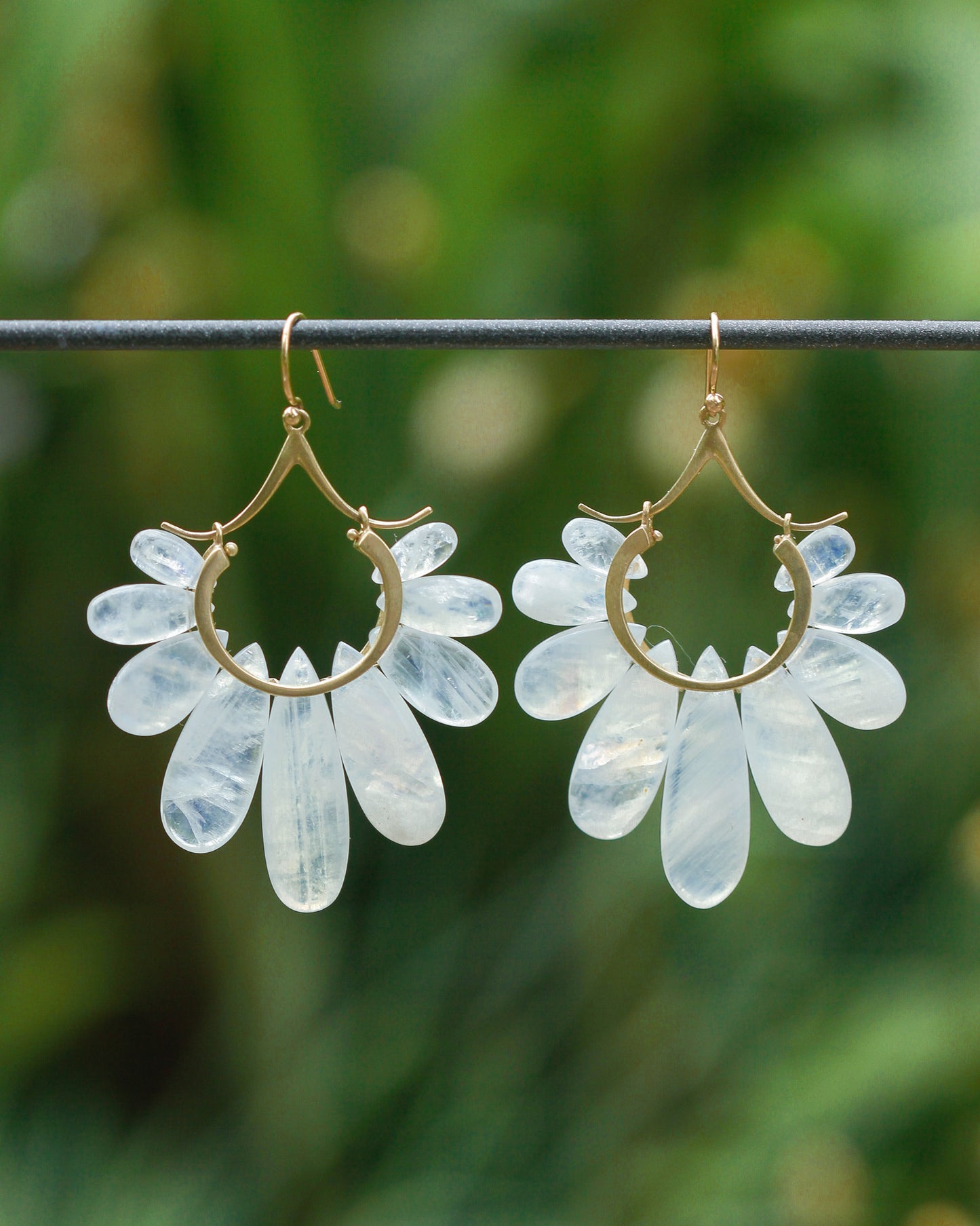 Large Peacock Earrings in Rainbow Moonstone and 14k Gold