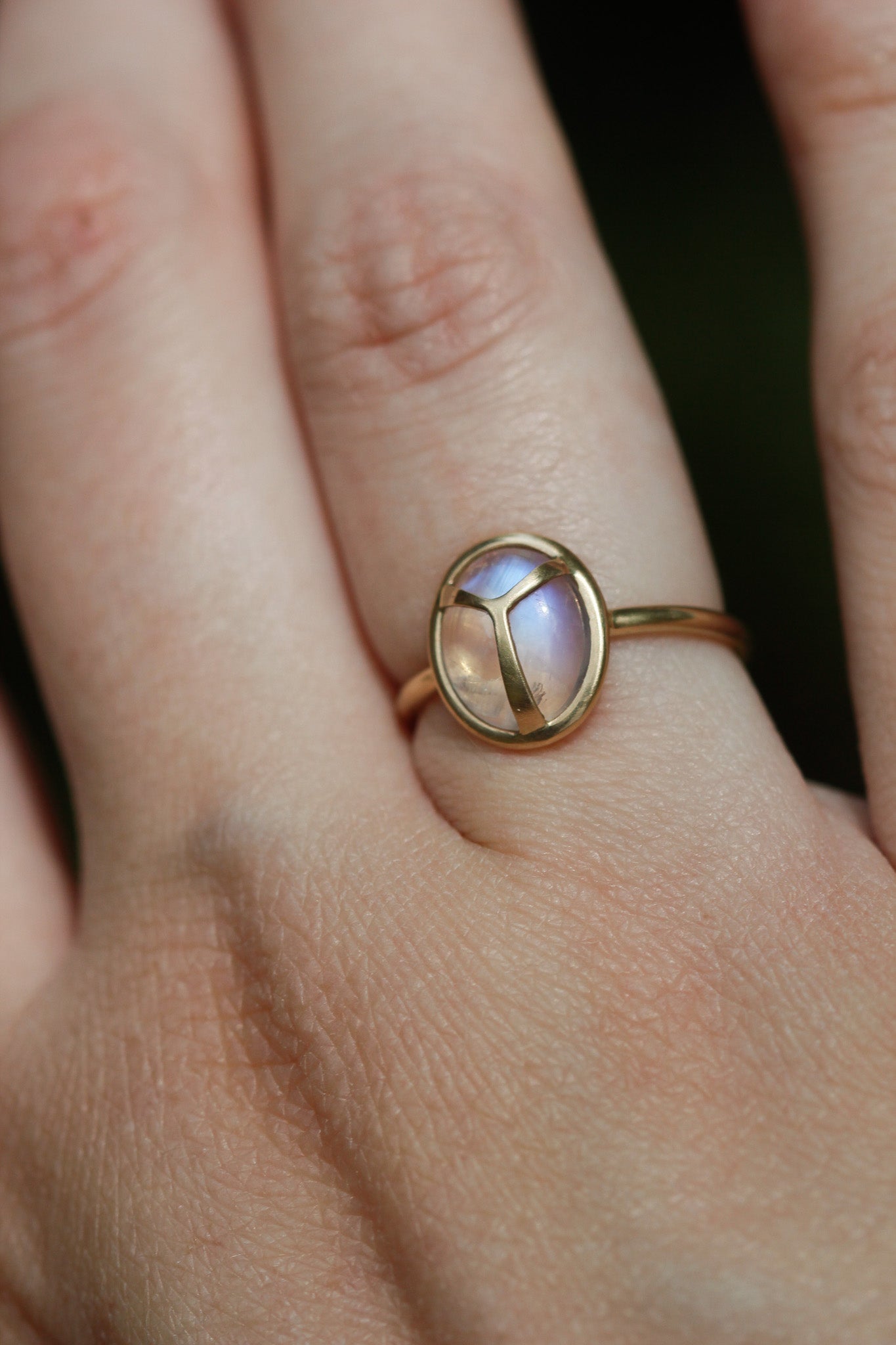 Lucky Scarab Ring in Rainbow Moonstone & 14k Gold