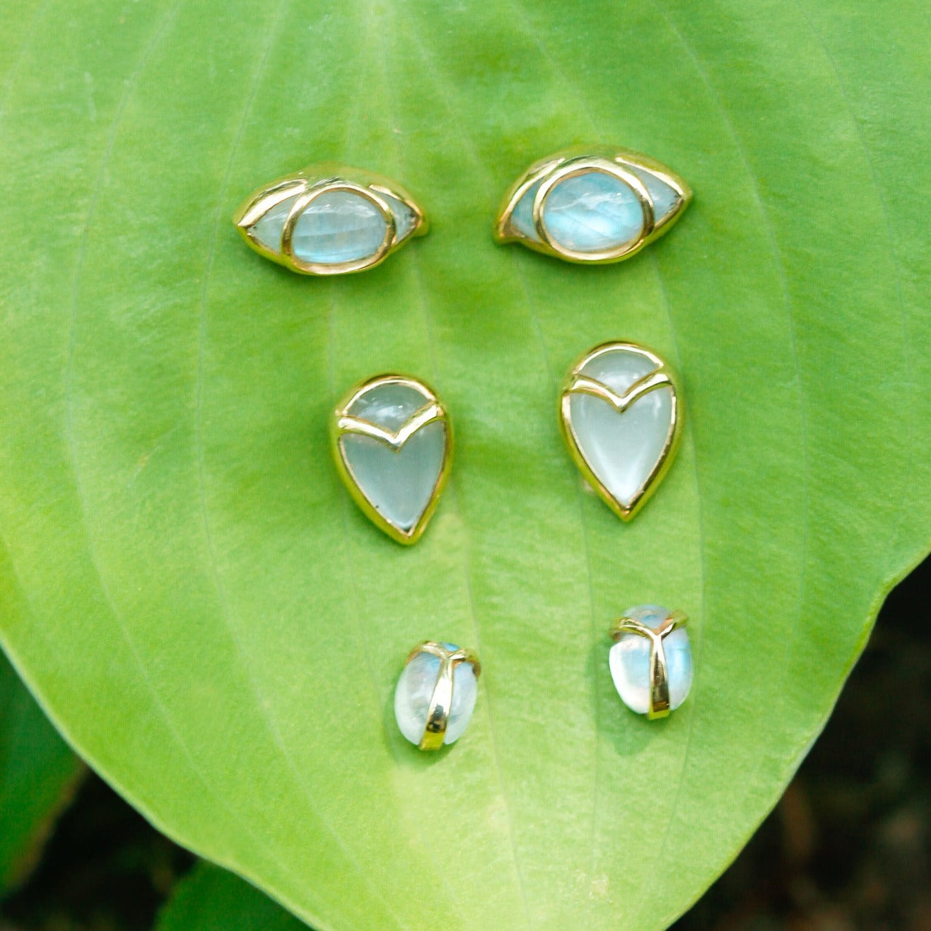 Lucky Scarab Stud Earrings in Rainbow Moonstone and 14k Gold