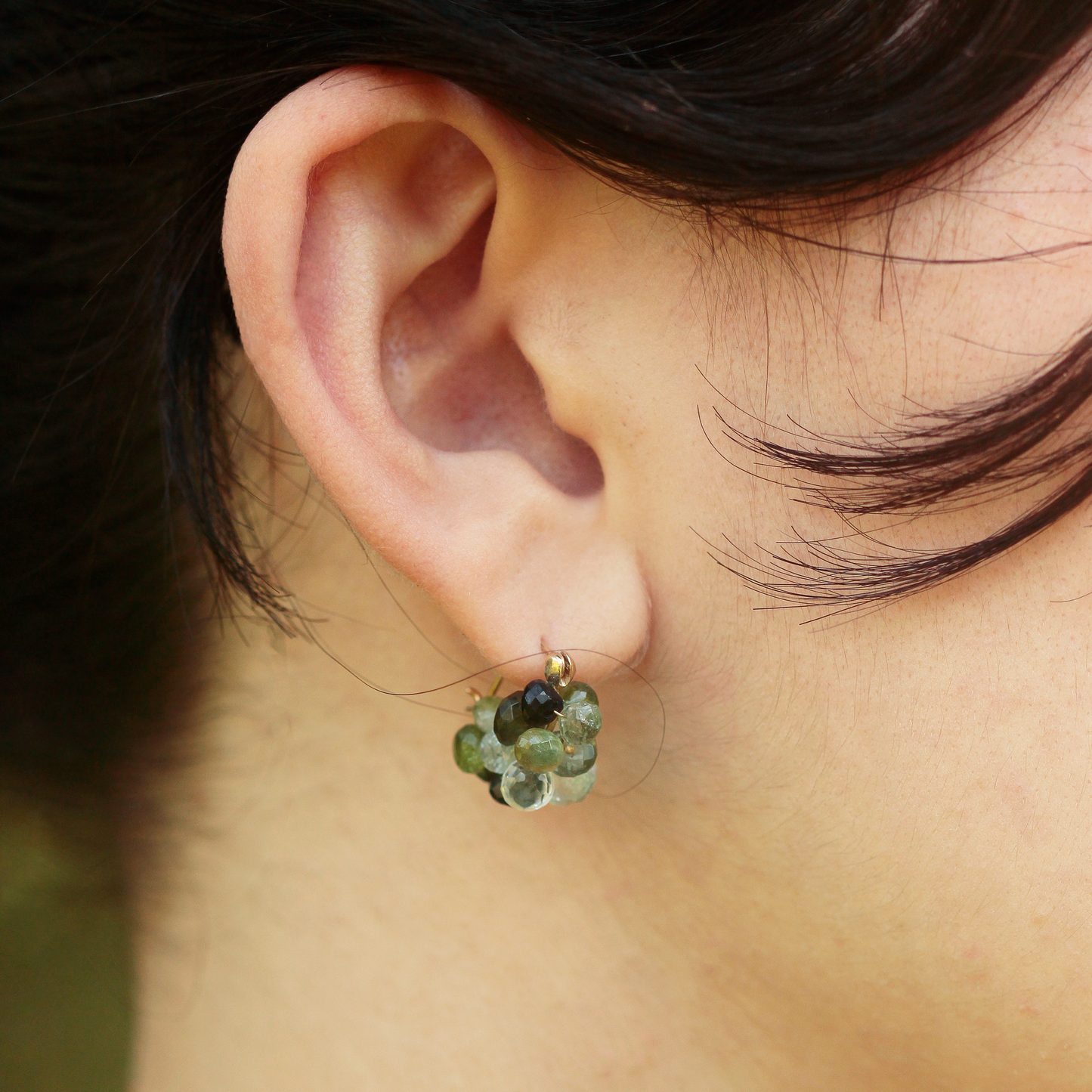 Cloud Huggie Earrings in Green Tourmaline, Aquamarine, & 14k Gold