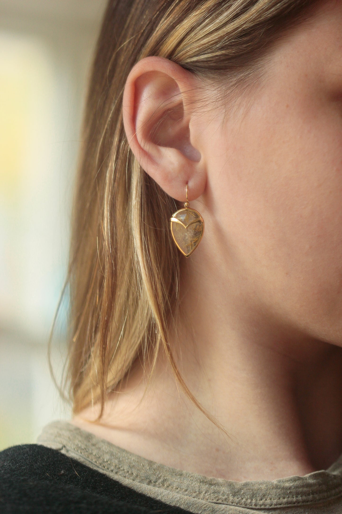 Owl Earrings in Golden Rutilated Quartz and 18k Gold