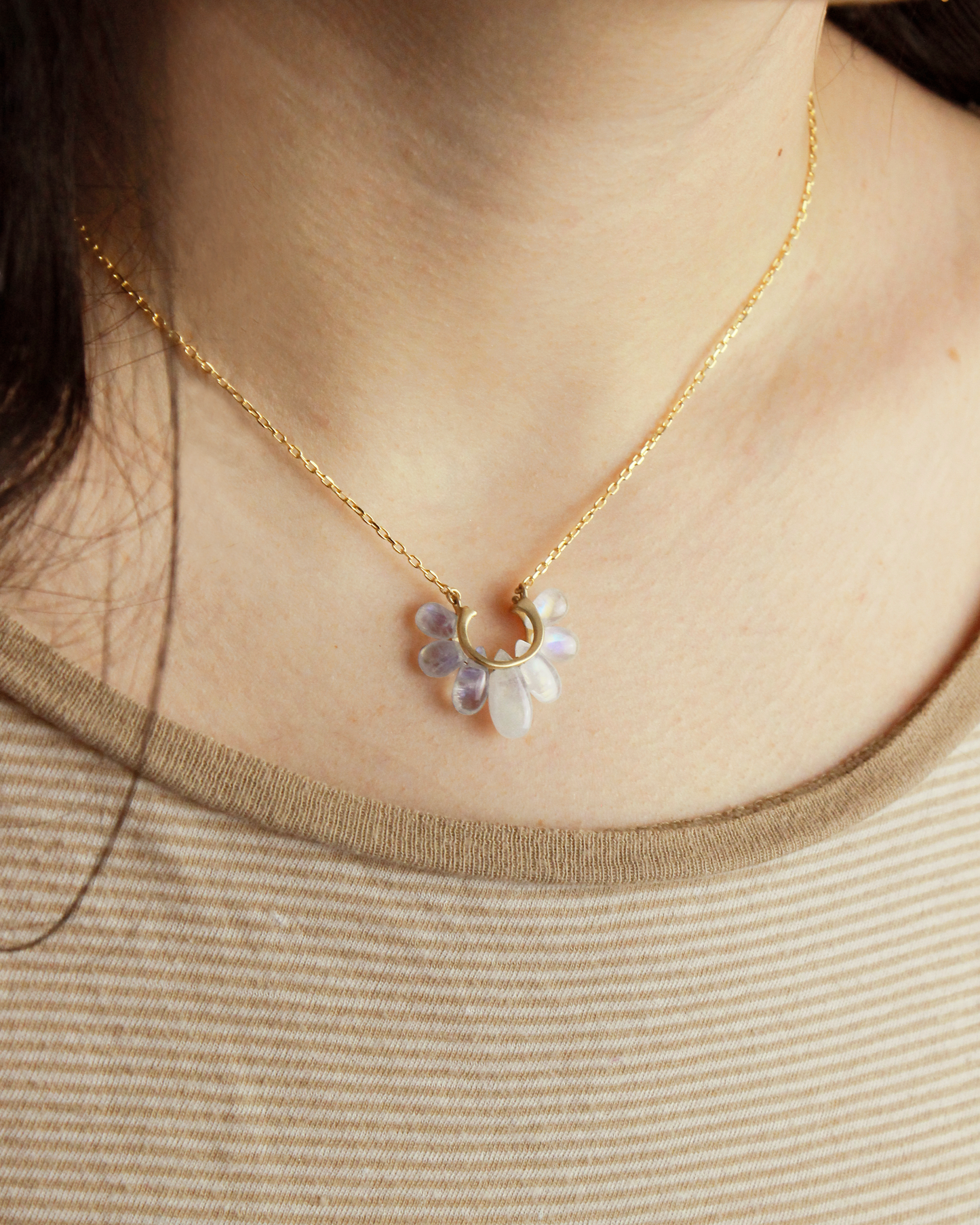 Small Peacock Pendant in Rainbow Moonstone and 14k gold
