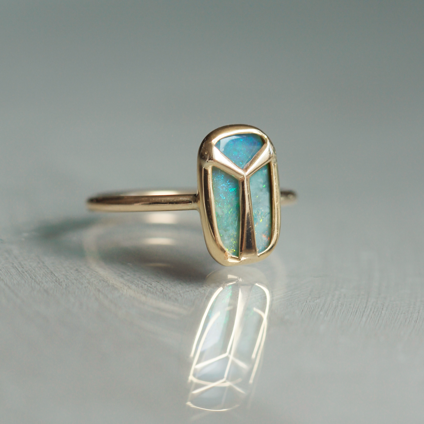 Lucky Scarab Ring in Rectangular Opal & 14k Gold