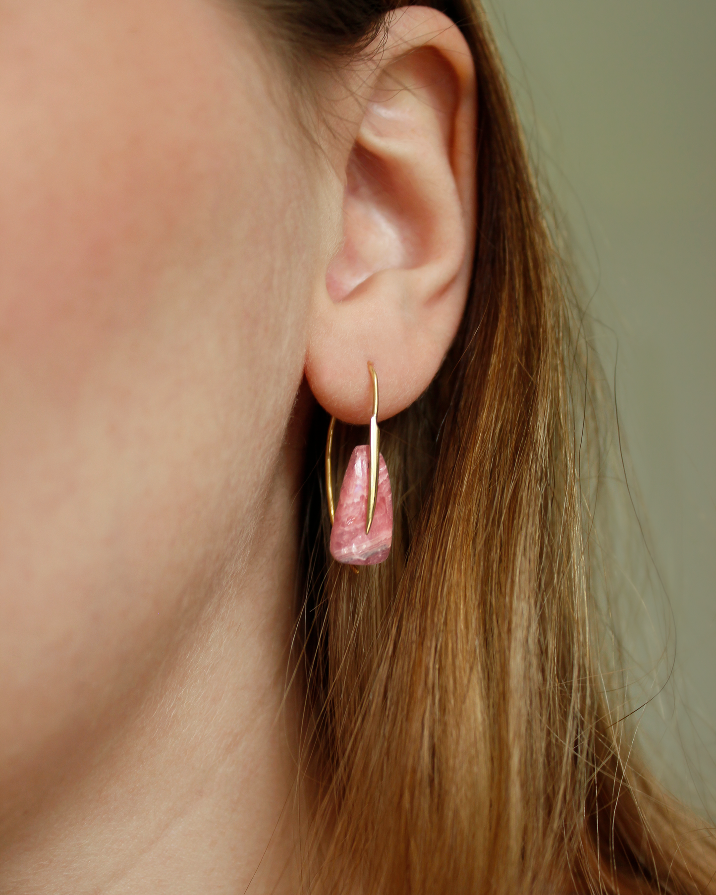 Feather Earrings in Rhodochrosite and 18k Gold