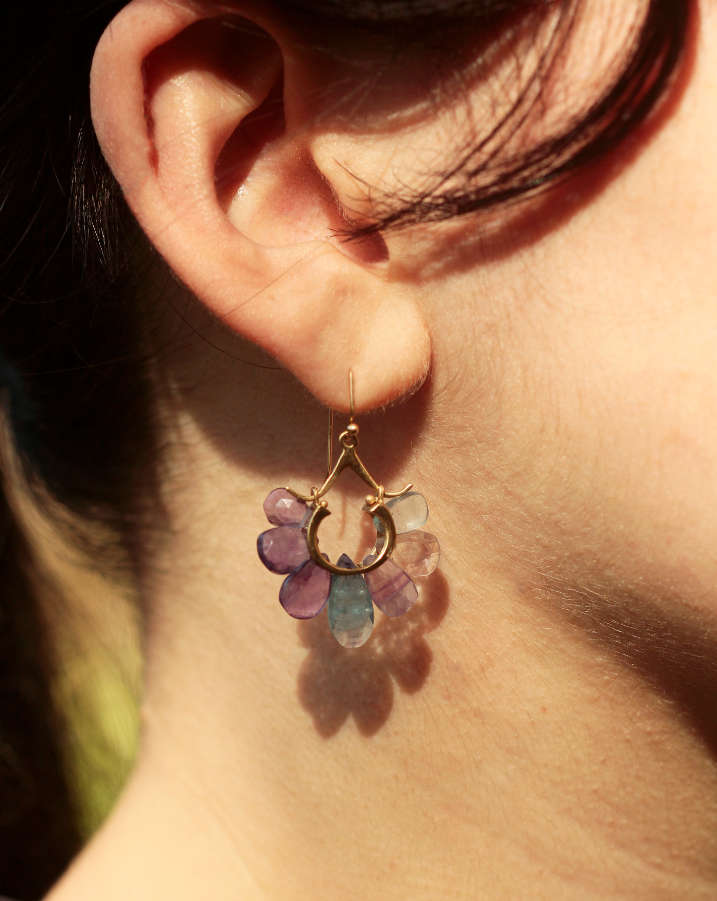 Small Peacock Earrings in Fluorite and 14k Gold