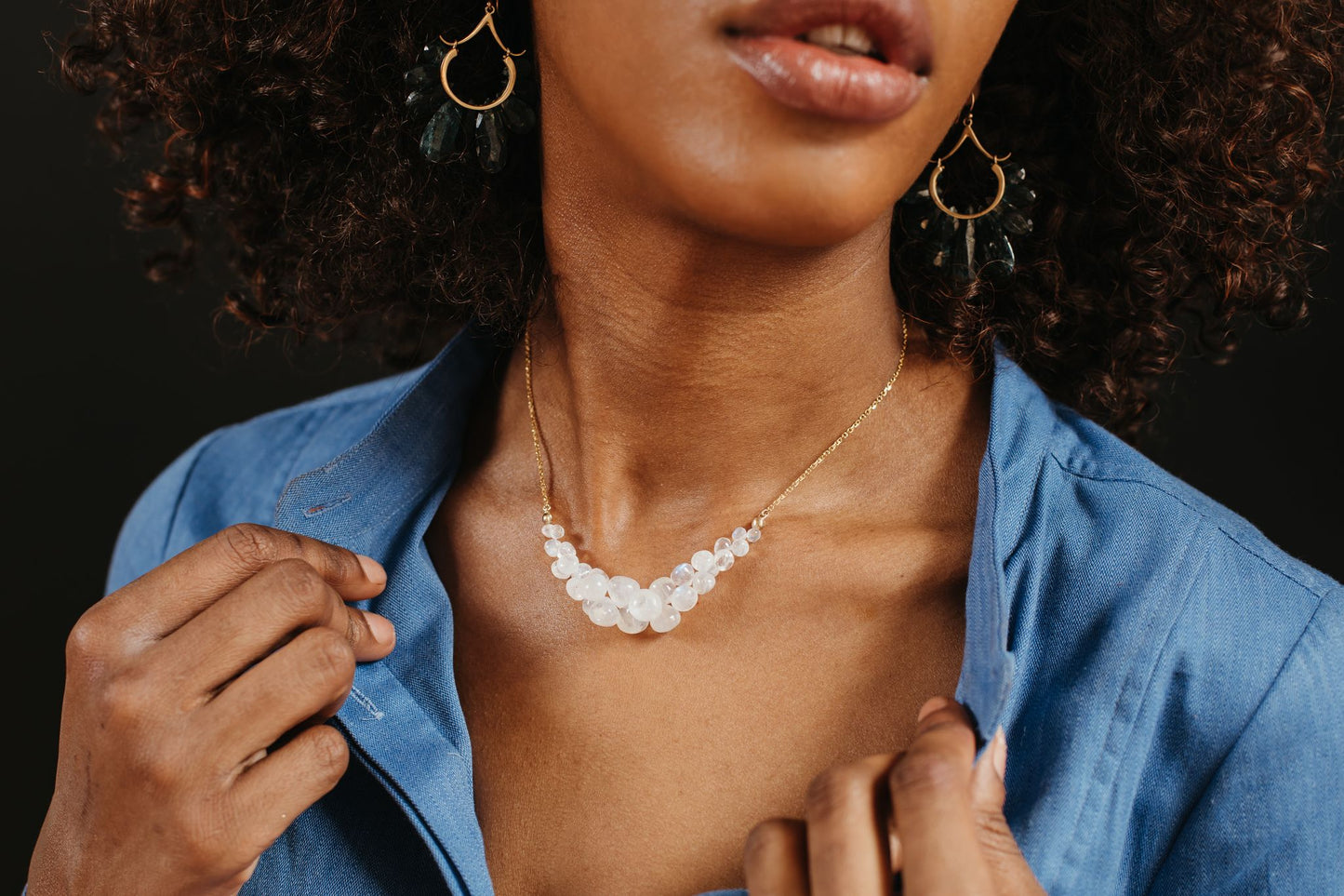Caviar Scoop Necklace in Rainbow Moonstone and 14k Gold