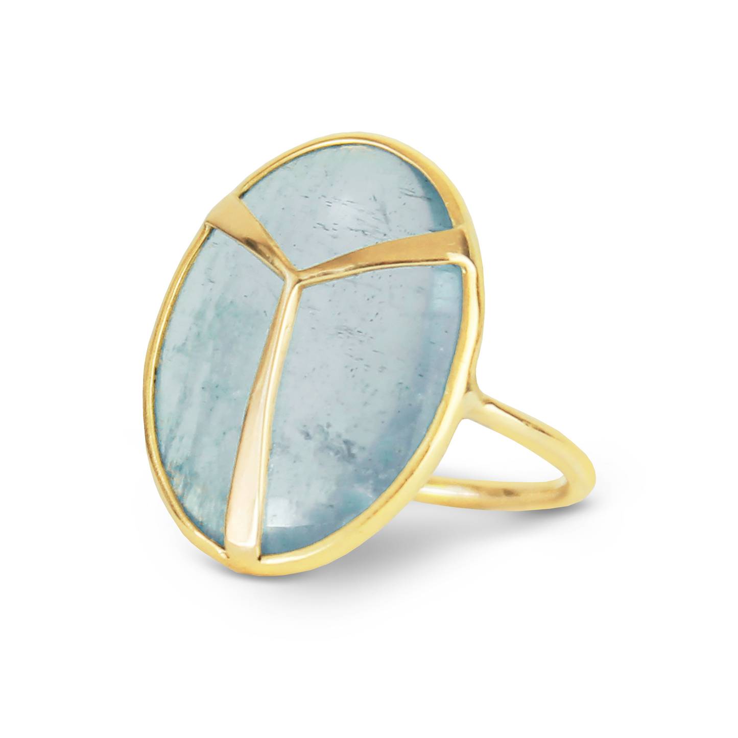 Yellow Gold ring with bezel set, oval shaped, pale blue aquamarine stonstone, with gold beetle wing detail, in three quarter angle