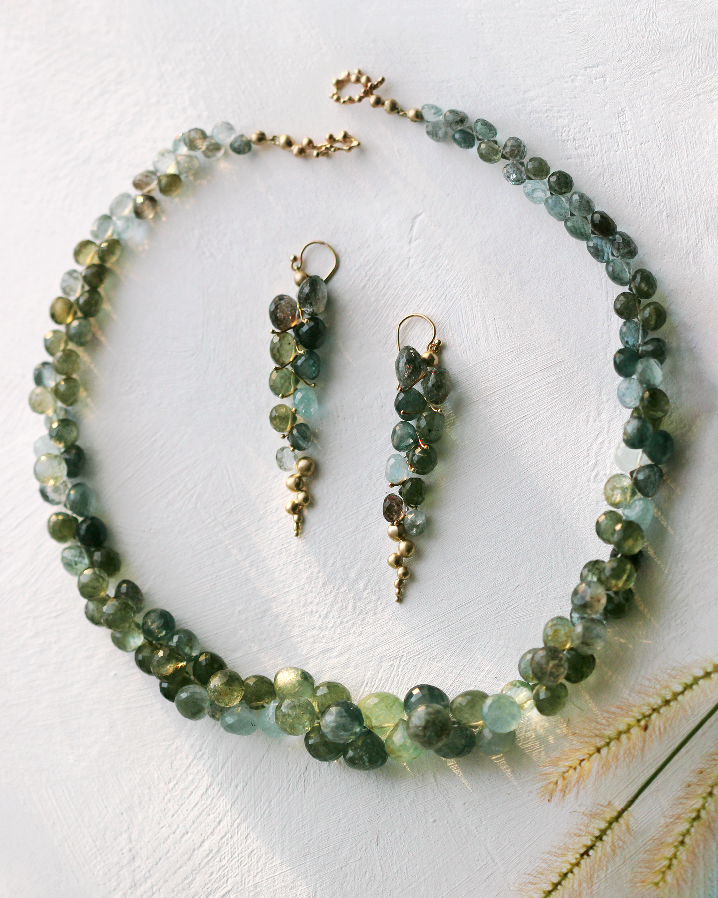 Large Caviar Earrings in Moss Aquamarine and 14k Gold
