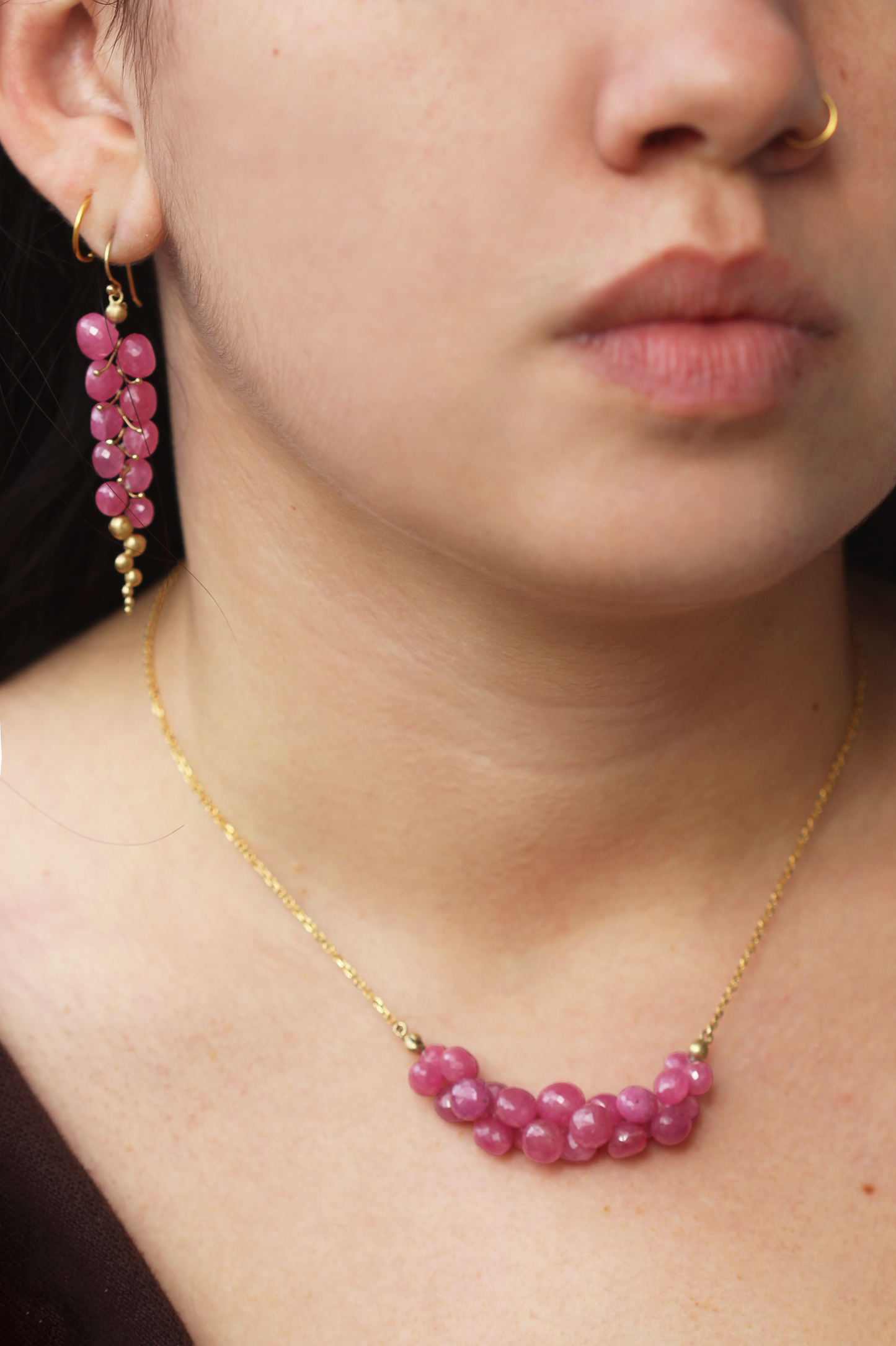 Large Caviar Earrings in Ruby and 14k Gold