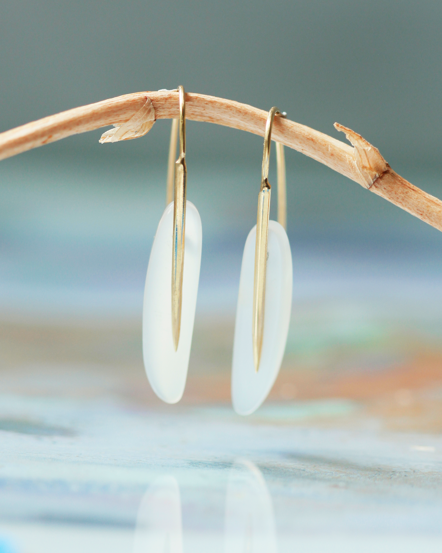 Feather Earrings in White Moonstone and 18k Gold