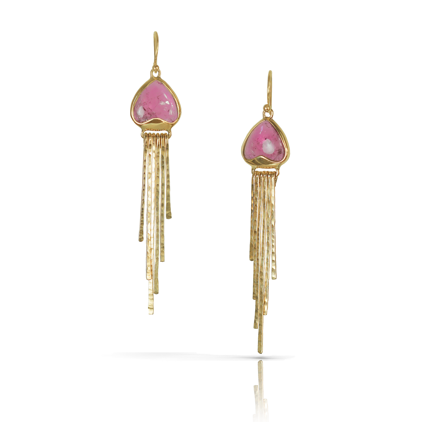 Dangle earrings in Pink Tourmaline and 18k Yellow Gold. Bezel set, triangle-shaped stone, narrow hammered gold dangling elements, and french hooks.