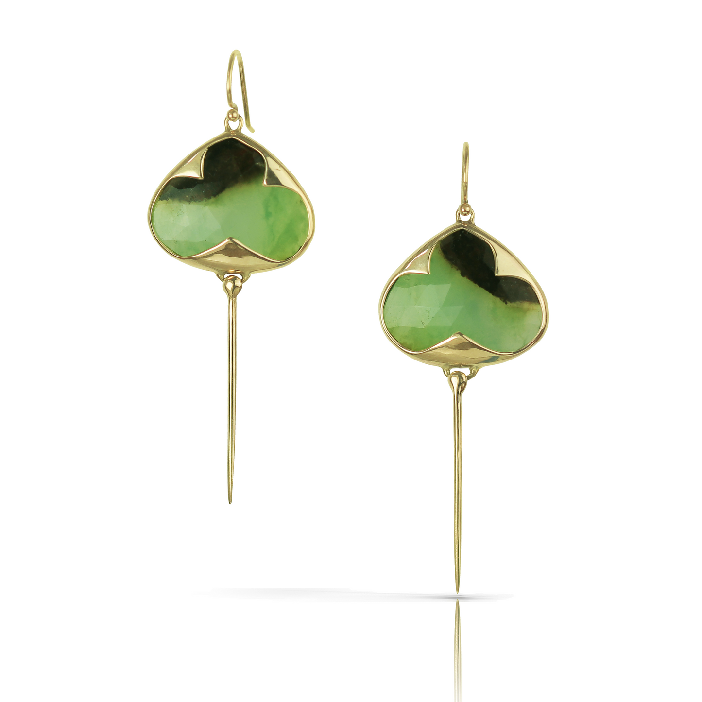Yellow gold earrings with french hooks, bezel set green and black garnet stones, and an elongated tail dangling from the bottom