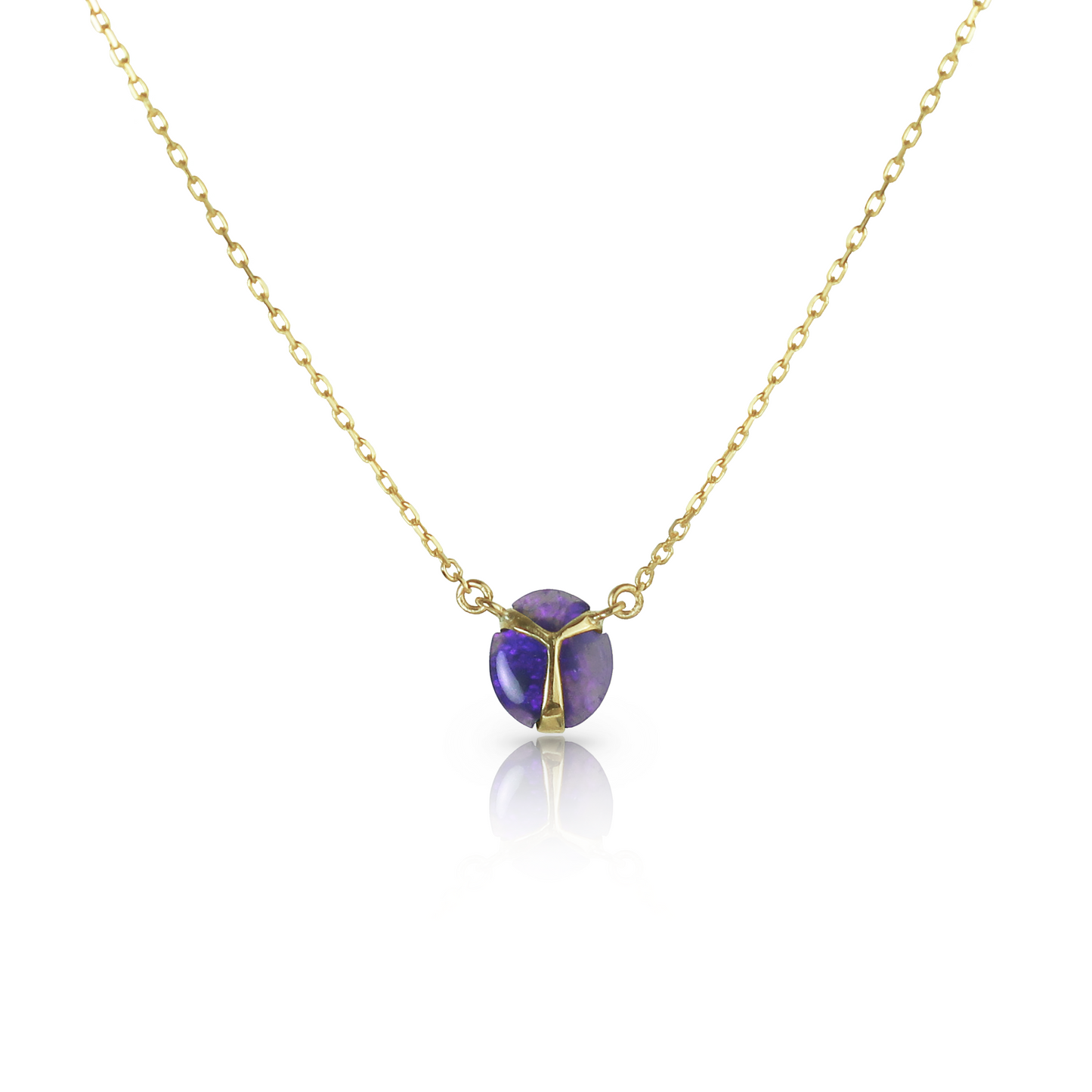 Deep Purple colored opal pendant necklace with yellow gold beetle wing detail, on a yellow gold chain