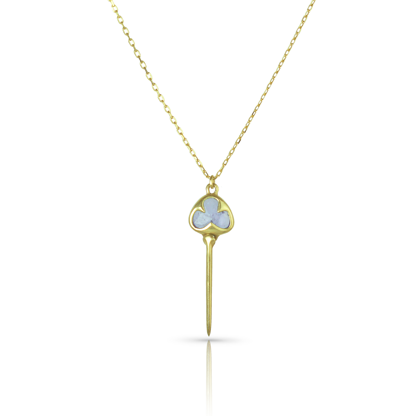 Yellow gold necklace with bezel set, pale purple tanzanite stone, and an elongated gold stingray tail dangling from the bottom, on a dainty gold chain