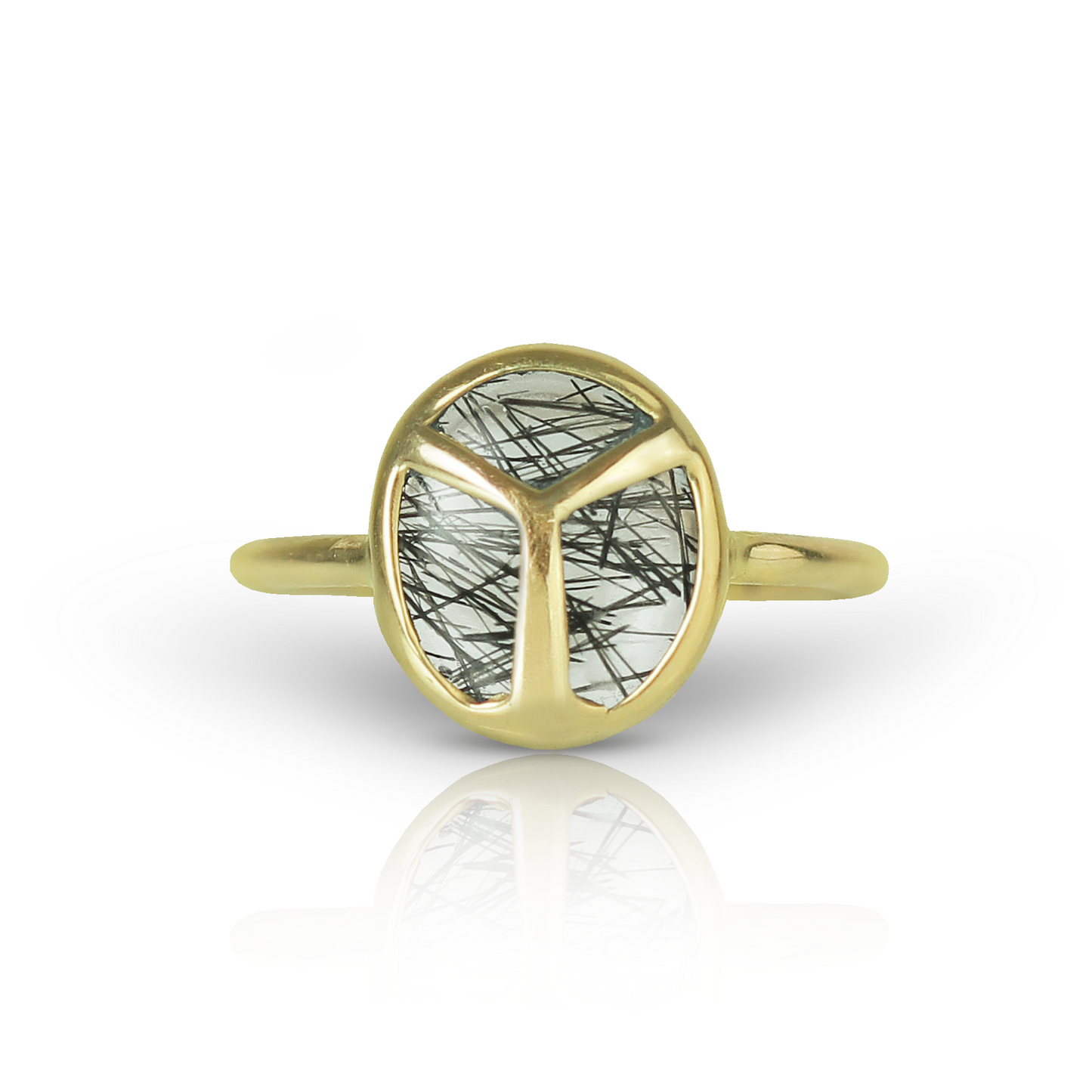 Yellow Gold ring with bezel set, oval-shaped, rutilated quartz stone, with gold beetle wing detail