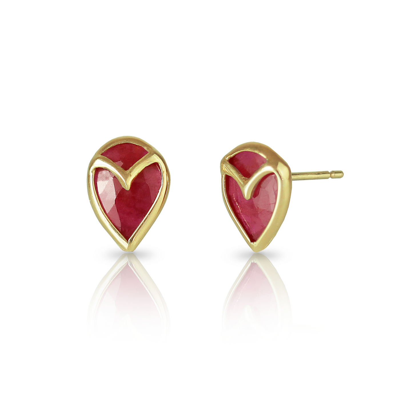 A pair of stud earrings with teardrop-shaped, dark pink rubies, bezel set with yellow gold owl beak detail