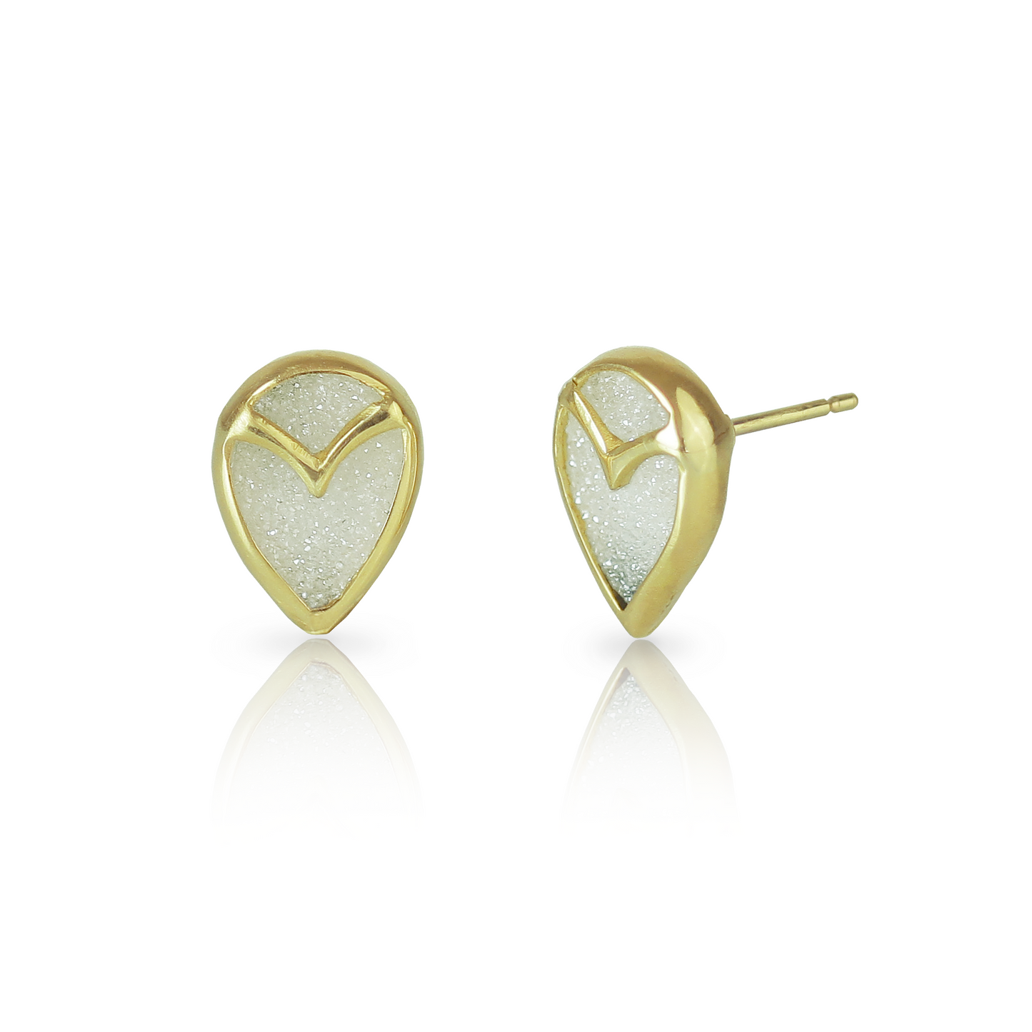 A pair of stud earrings with teardrop-shaped, white druzy quartz stones, bezel set with yellow gold owl beak detail