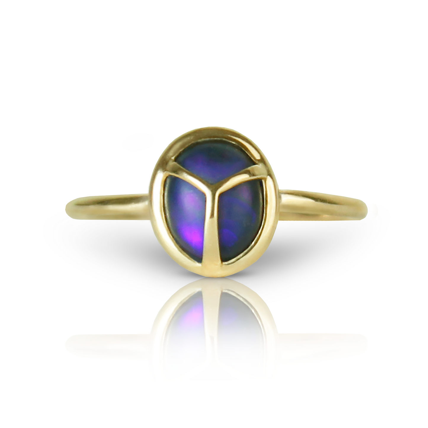 Yellow Gold ring with bezel set, oval shaped, dark purple matte opal, with gold beetle wing detail