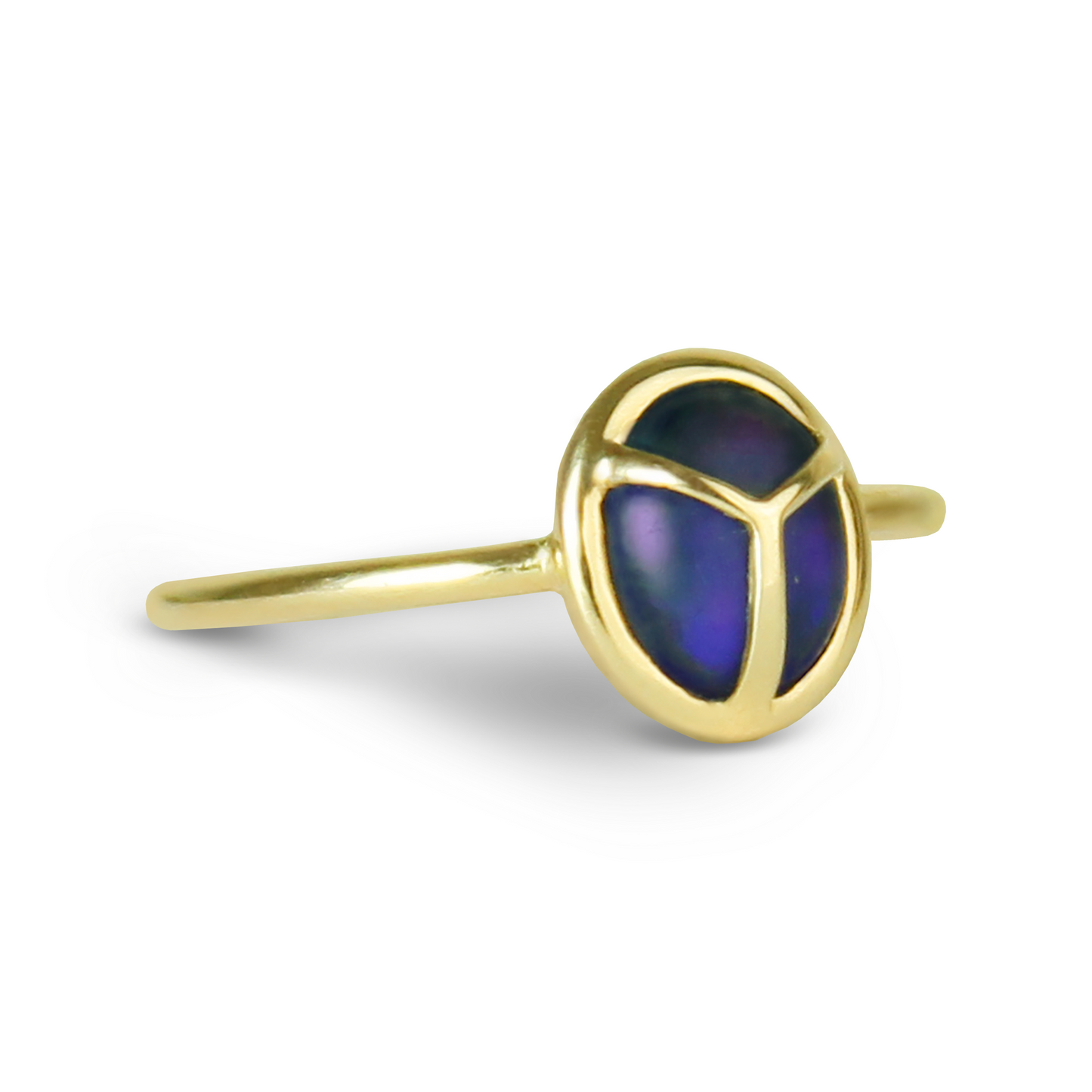 Yellow Gold Ring with Oval Shaped Dark Blue and Purple Matte Opal Stone at a Three Quarter Angle