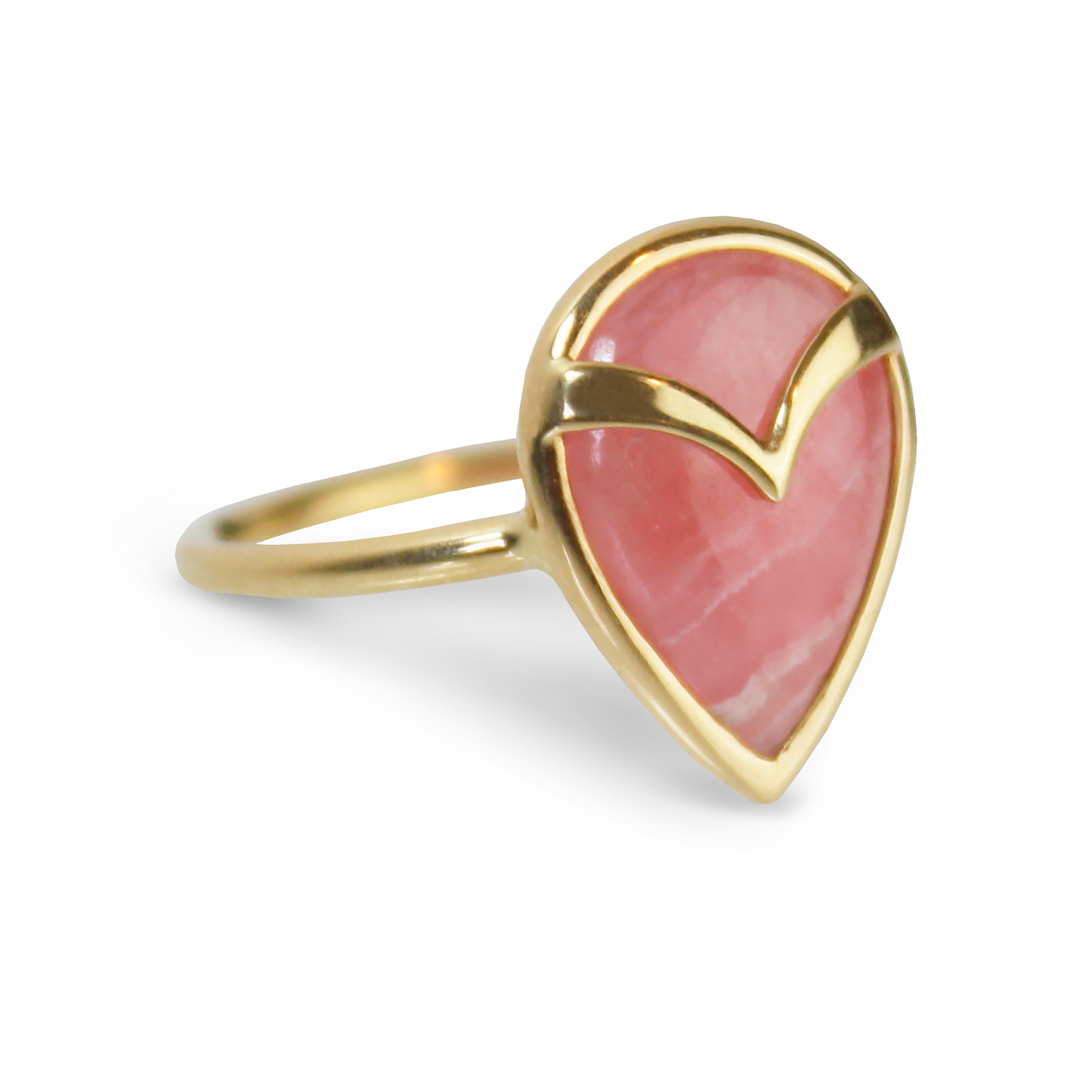 Yellow Gold Ring with Pink Rhodochrosite Tear Drop Shaped Tourmaline Stone at a Three Quarter Angle