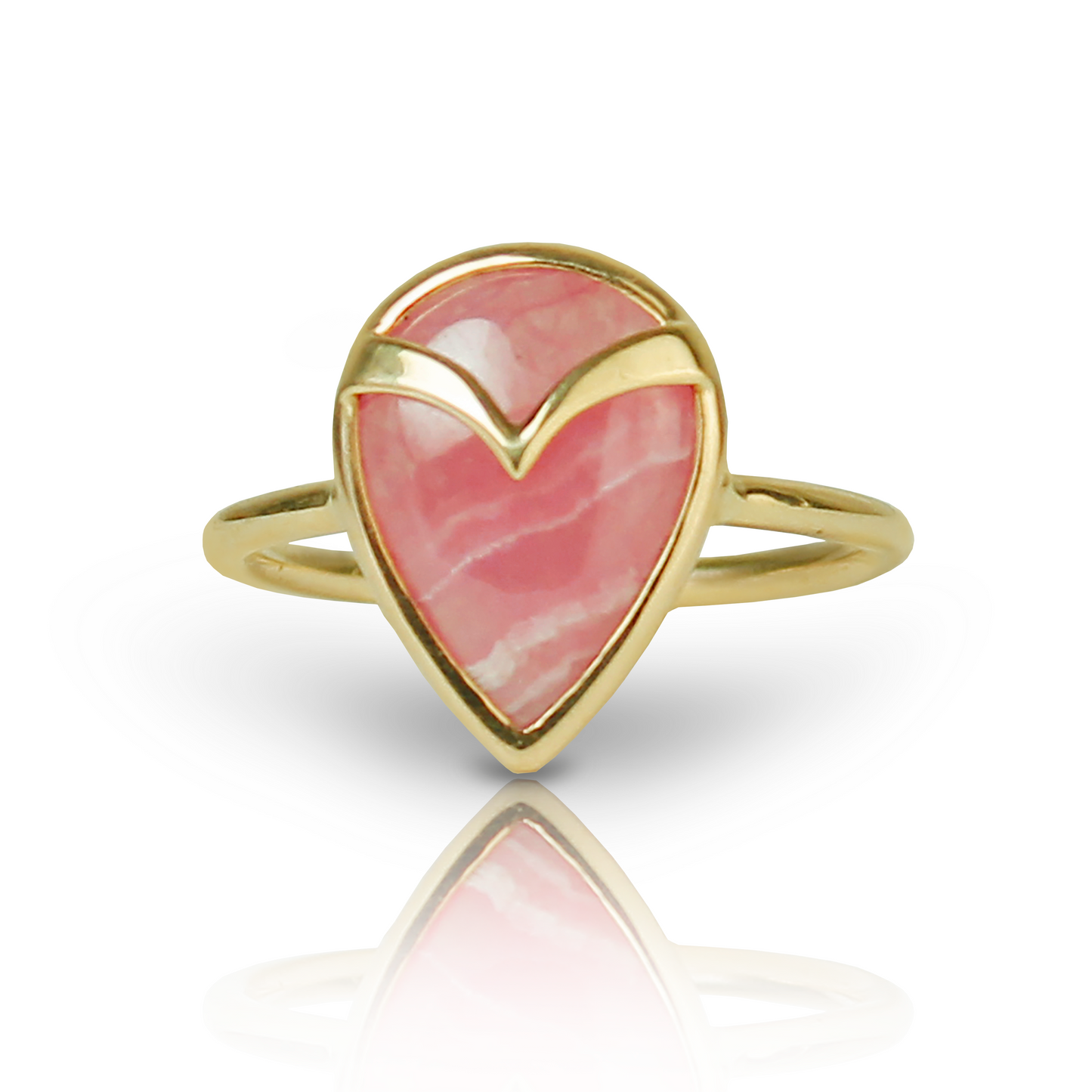 Yellow Gold Ring with Pink Rhodochrosite Tear Drop Shaped Tourmaline Stone