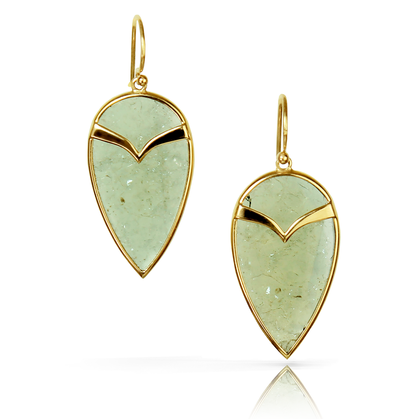 Gold Earrings, with bezel set, tear drop shaped green tourmaline stones, and French hooks