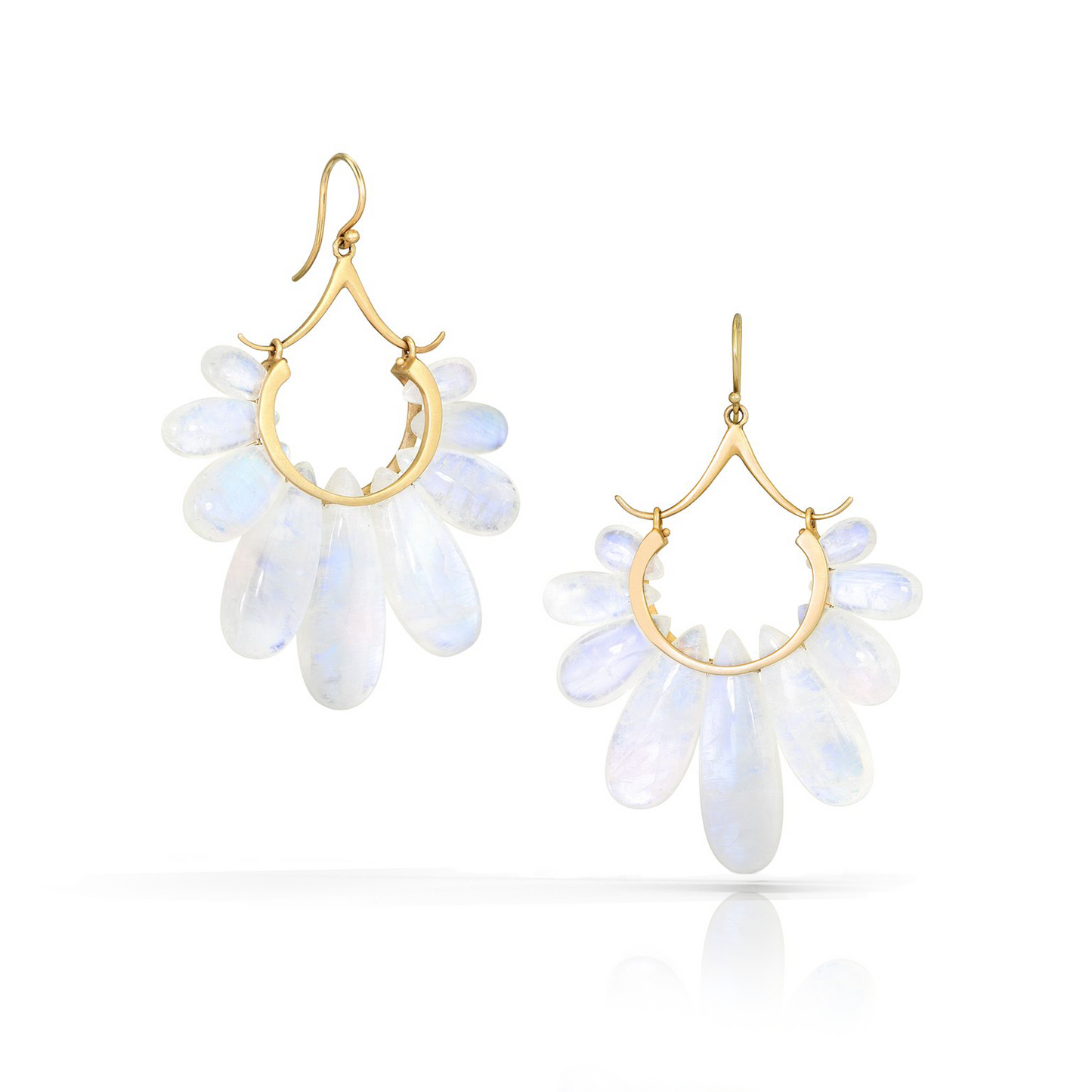 Large Peacock Earrings in Rainbow Moonstone and 14k Gold