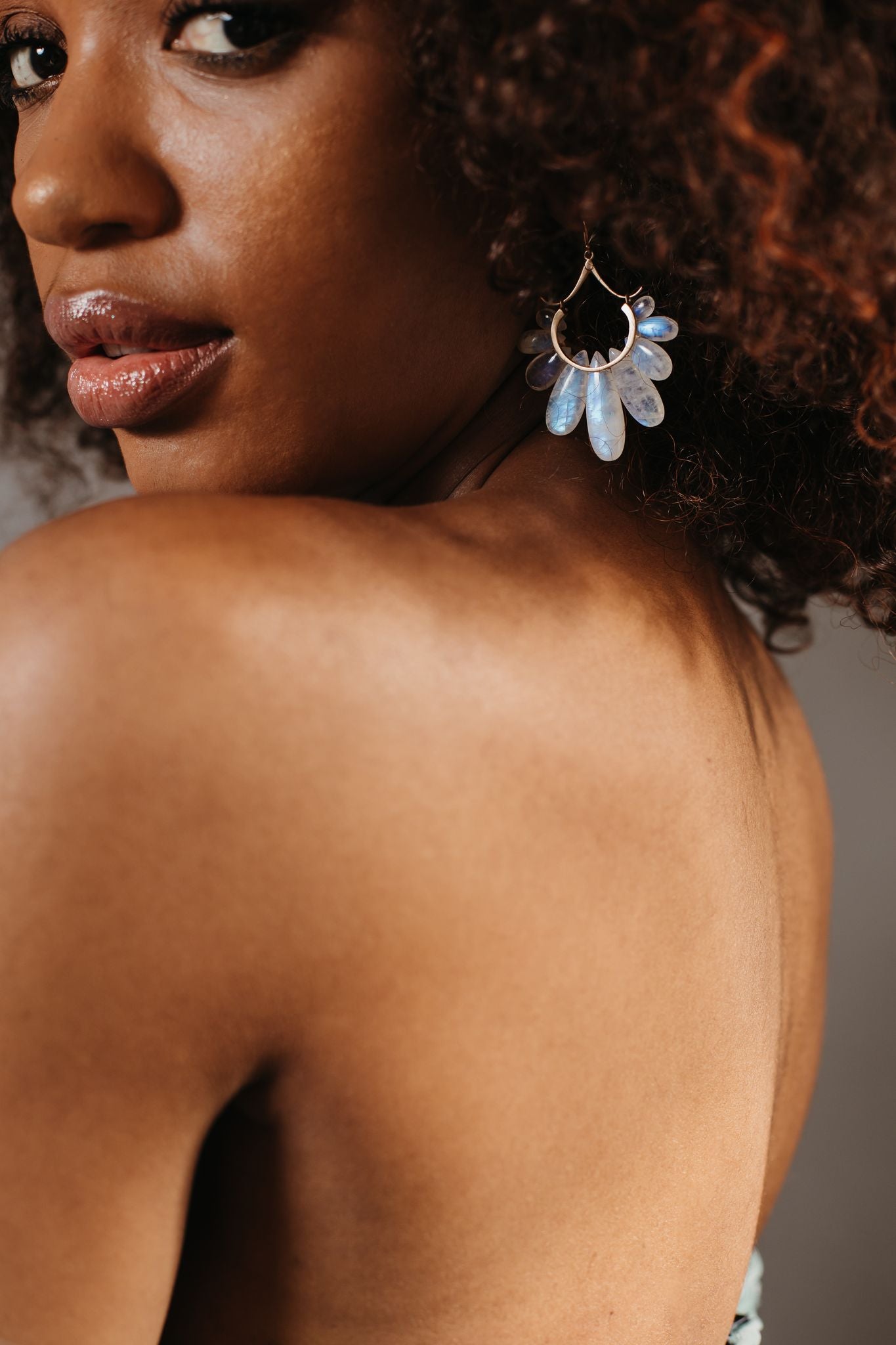 Large Peacock Earrings in Rainbow Moonstone and 14k Gold