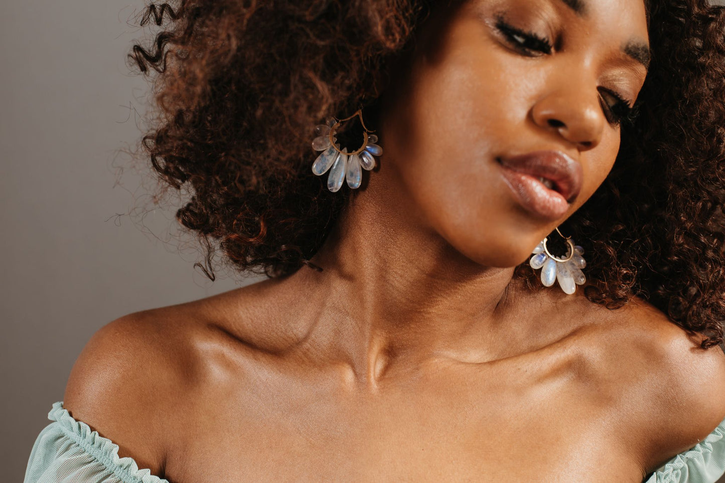 Large Peacock Earrings in Rainbow Moonstone and 14k Gold