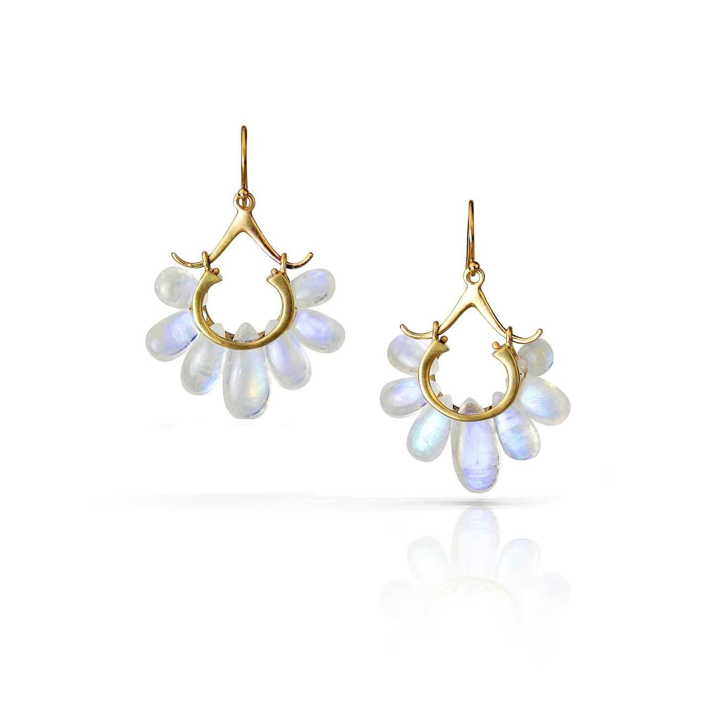 Small Peacock Earrings in Rainbow Moonstone and 14k Gold