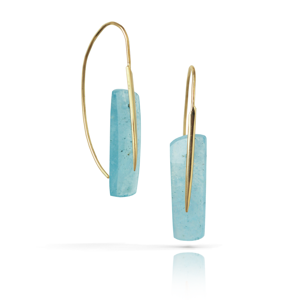 Feather Earrings in Aquamarine and 18k Gold