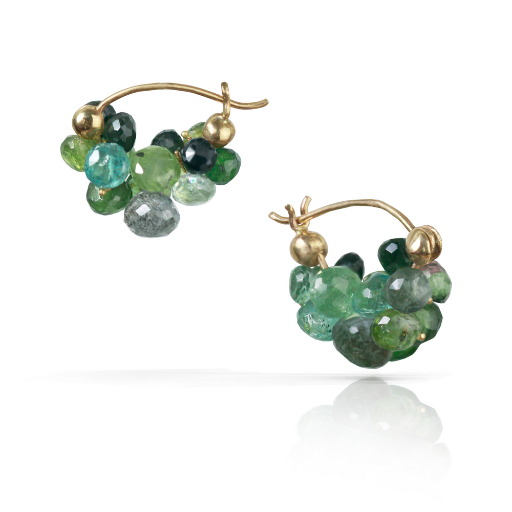 Cloud Huggie Earrings in Green Tourmaline, Aquamarine, & 14k Gold