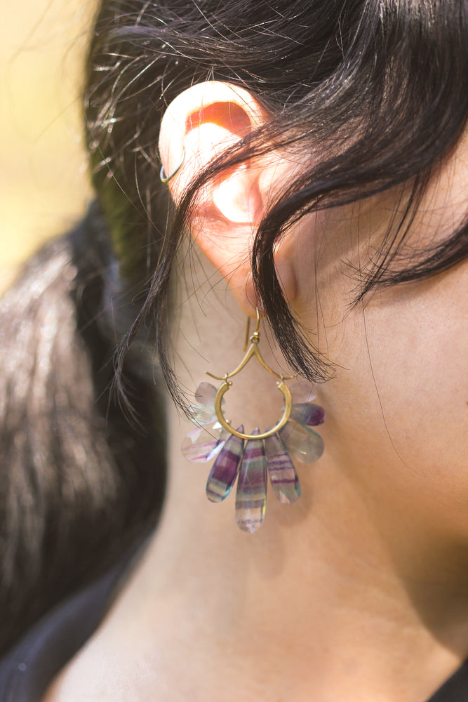 
                  
                    Large Peacock Earrings in Fluorite and 14k Gold
                  
                