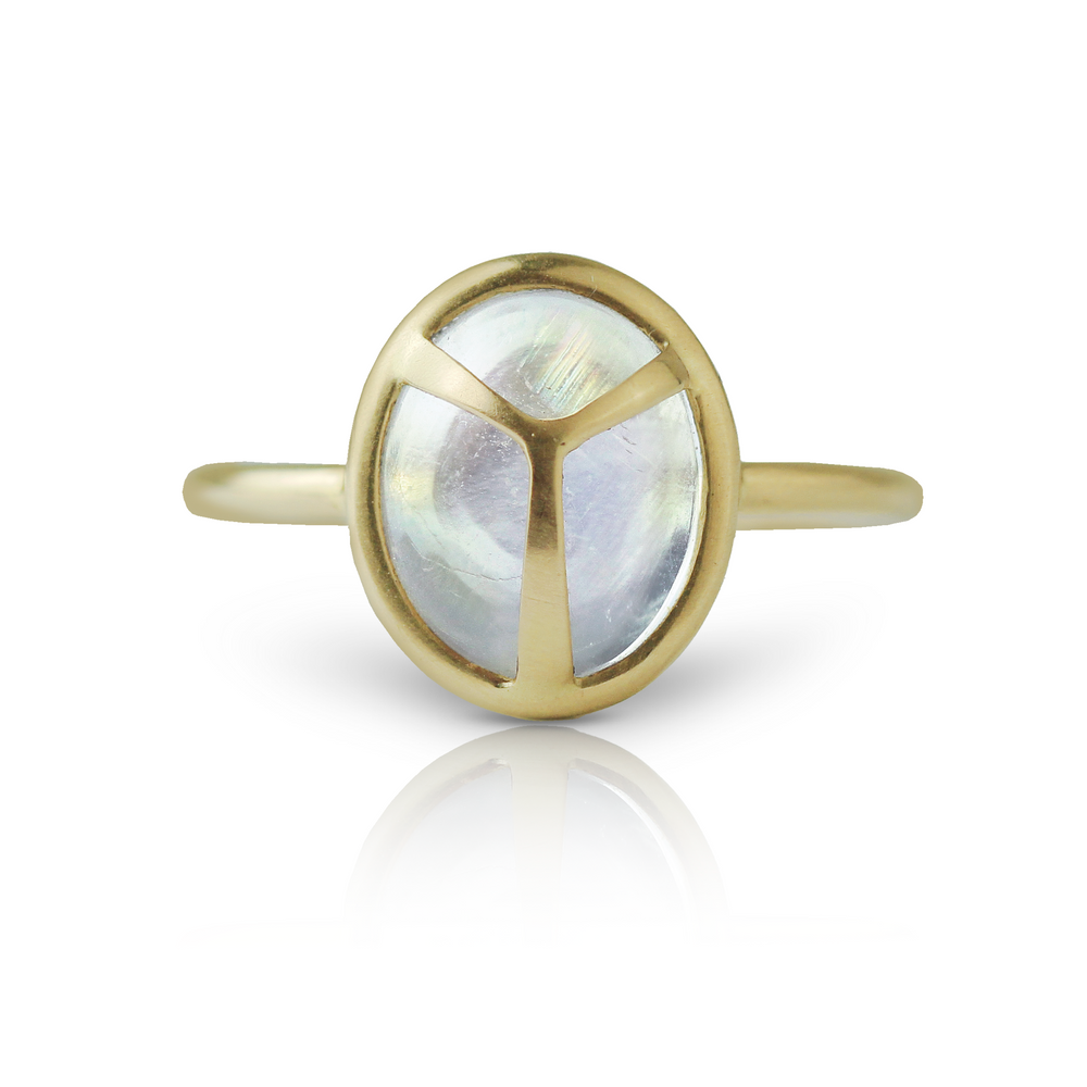 Lucky Scarab Ring in Rainbow Moonstone & 14k Gold