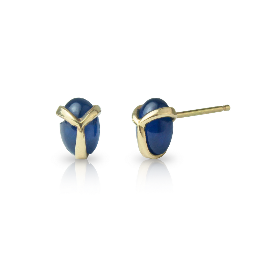 Lucky Scarab Stud Earrings in Blue Sapphire and 14k Gold
