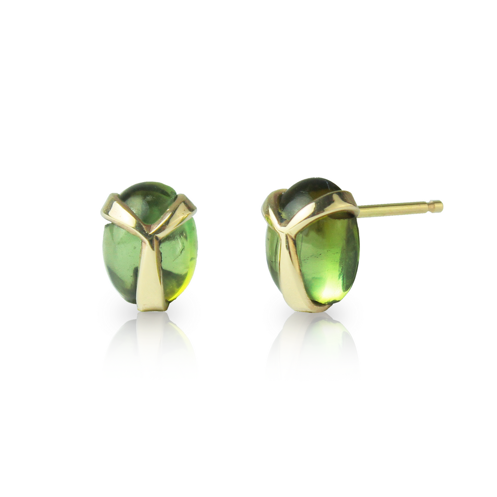 Lucky Scarab Stud Earrings in Green Tourmaline and 14k Gold