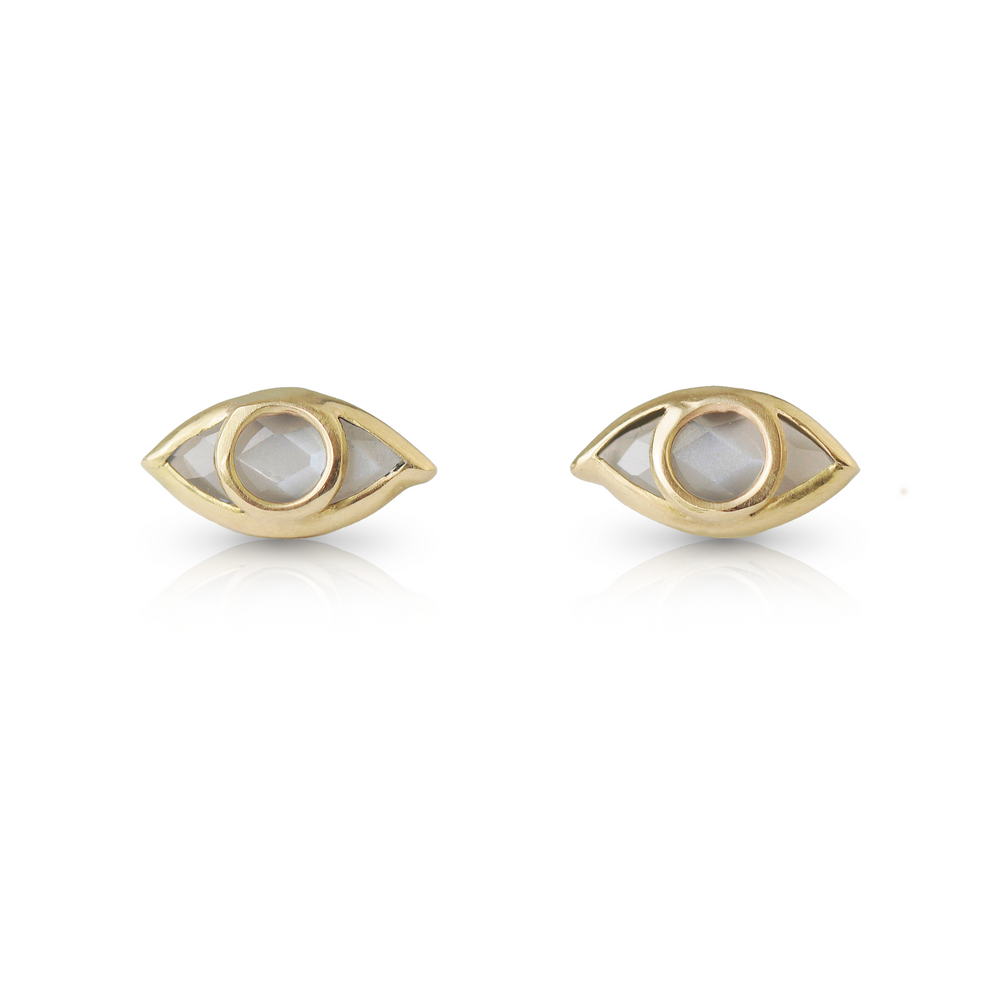 Third Eye Stud Earrings in Grey Moonstone & 18k Gold