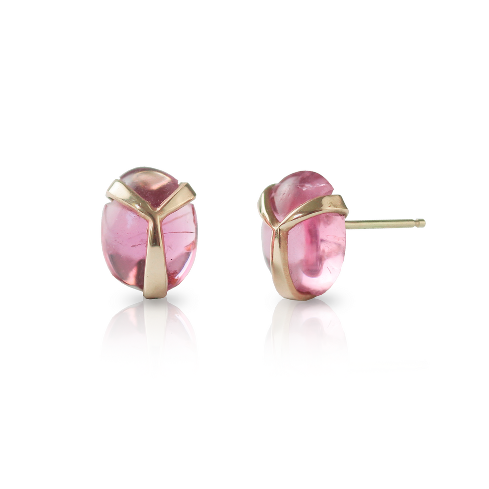 Lucky Scarab Stud Earrings in Pink Tourmaline and 14k Gold