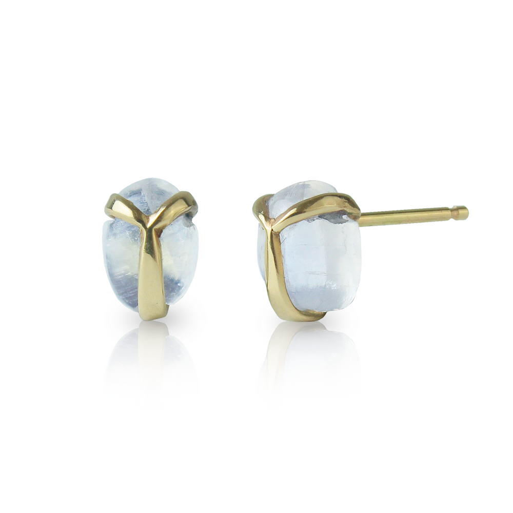 Lucky Scarab Stud Earrings in Rainbow Moonstone and 14k Gold