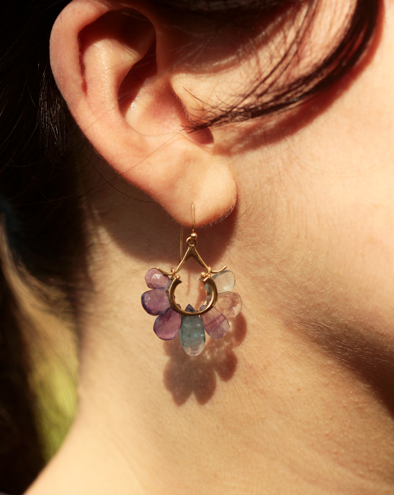 
                  
                    Small Peacock Earrings in Fluorite and 14k Gold
                  
                