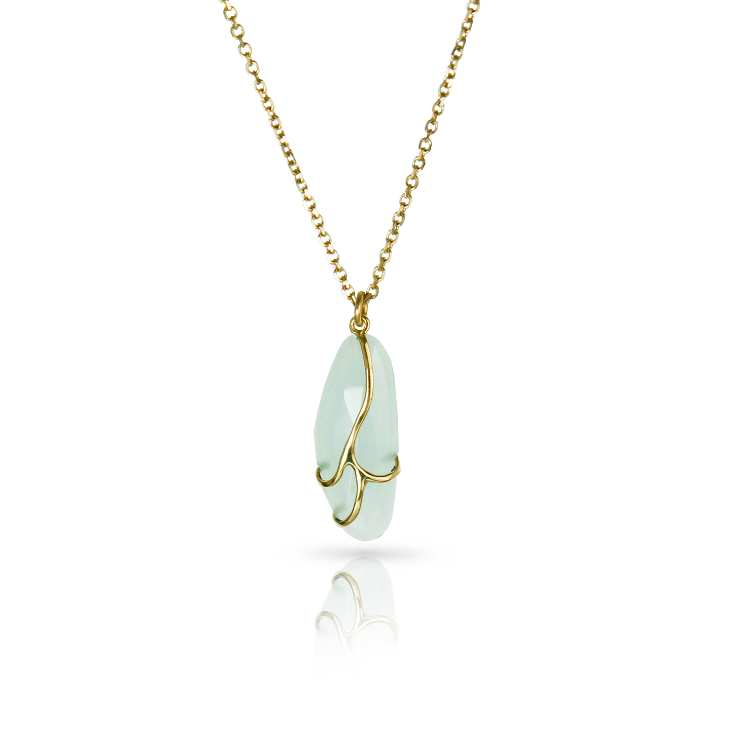 Necklace with pale blue, skinny amorphous shaped aquamarine stone, with yellow gold butterfly wing detail and gold chain
