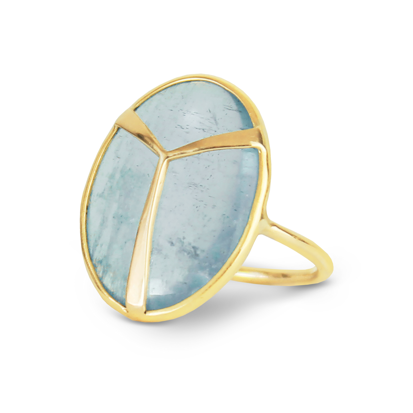 
                  
                    Yellow Gold ring with bezel set, oval shaped, pale blue aquamarine stonstone, with gold beetle wing detail, in three quarter angle
                  
                