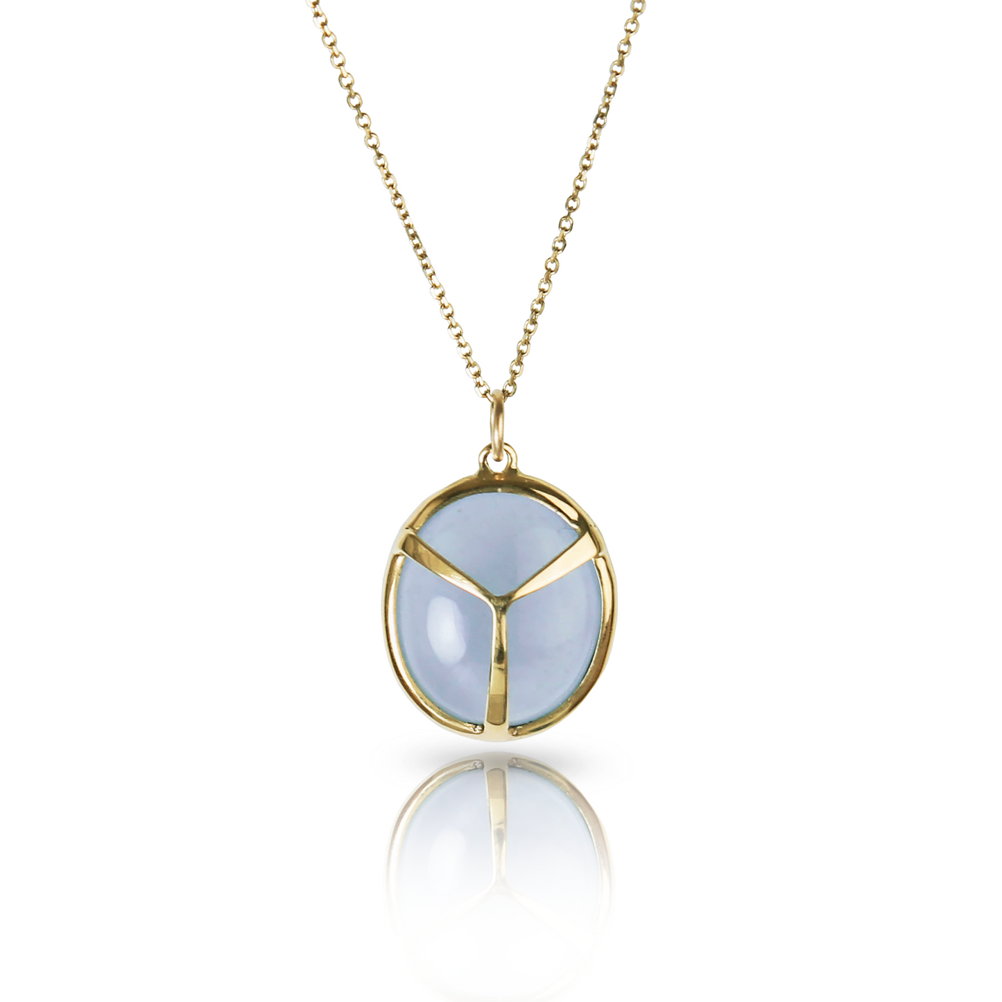 Necklace with light grey Chalcedony, oval shaped charm with beetle wing detail, bezel set, on gold chain