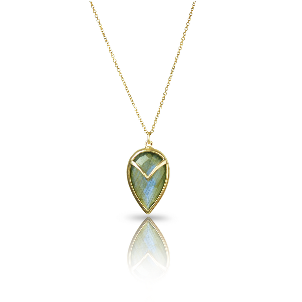 Gold Necklace with Faceted, tear drop shaped, labradorite stone in grey, blue, and green, on a gold chain