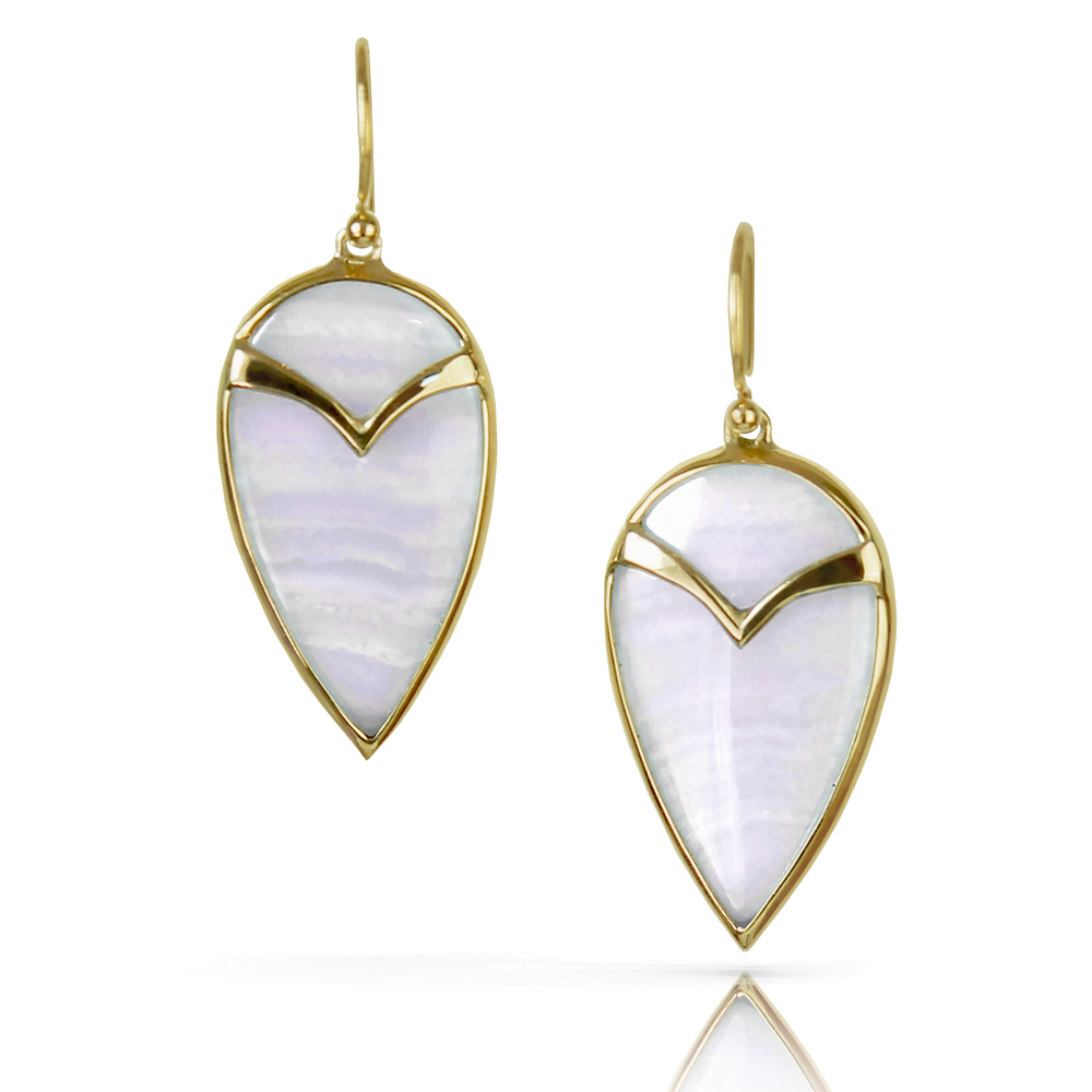 Gold Earrings, with bezel set tear drop shaped lace agate stones in white, and French hooks