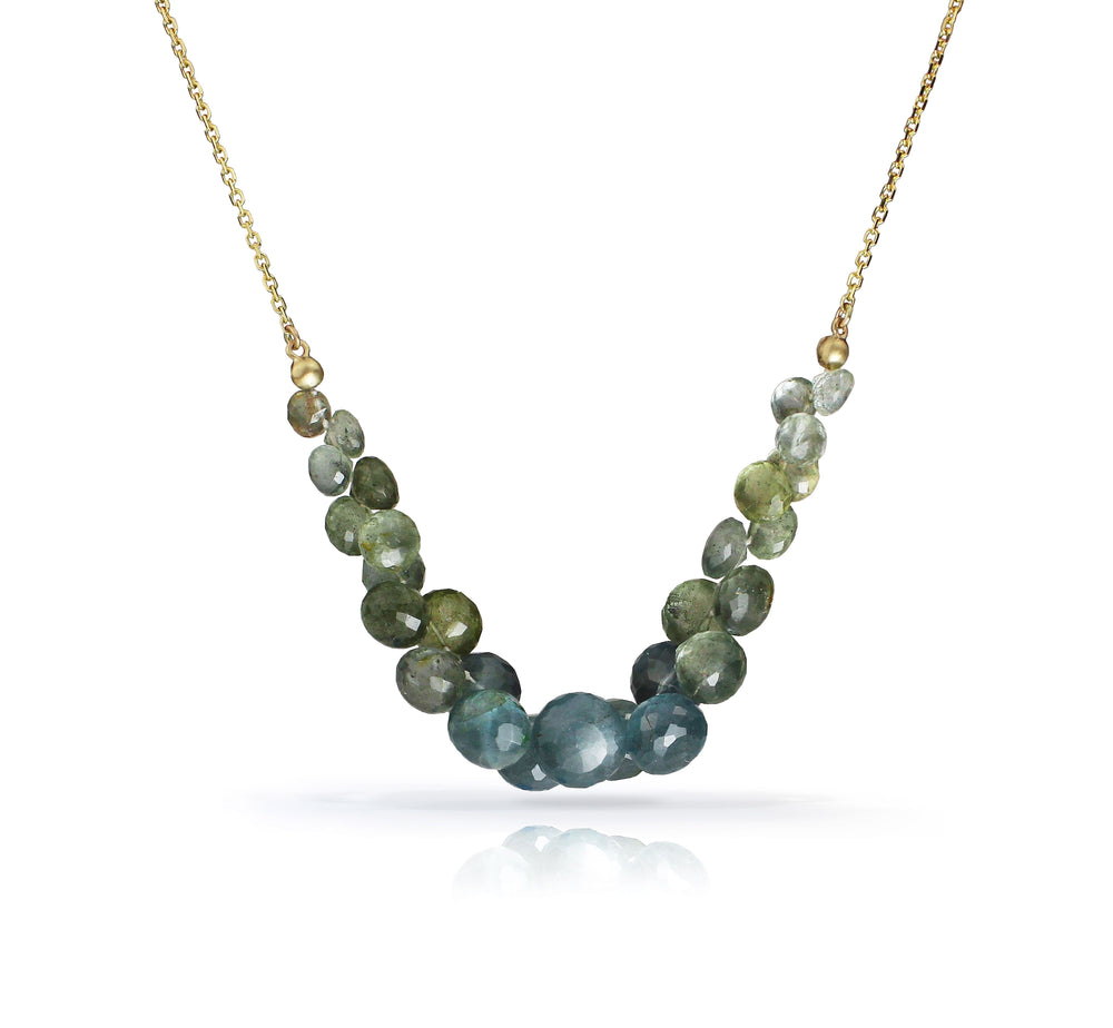 gold necklaces with blue green faceted beads