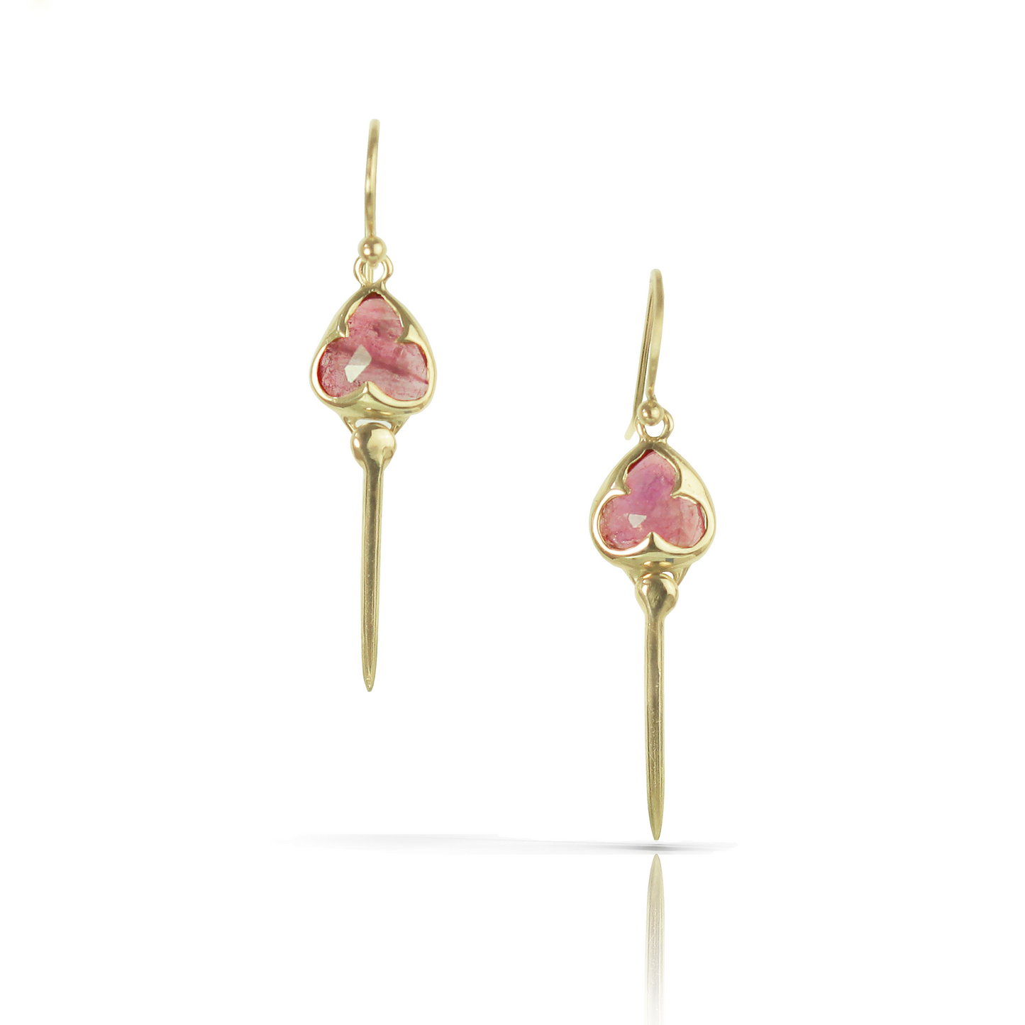 Yellow gold earrings with french hooks, bezel set pink tourmaline stones, and an elongated tail dangling from the bottom