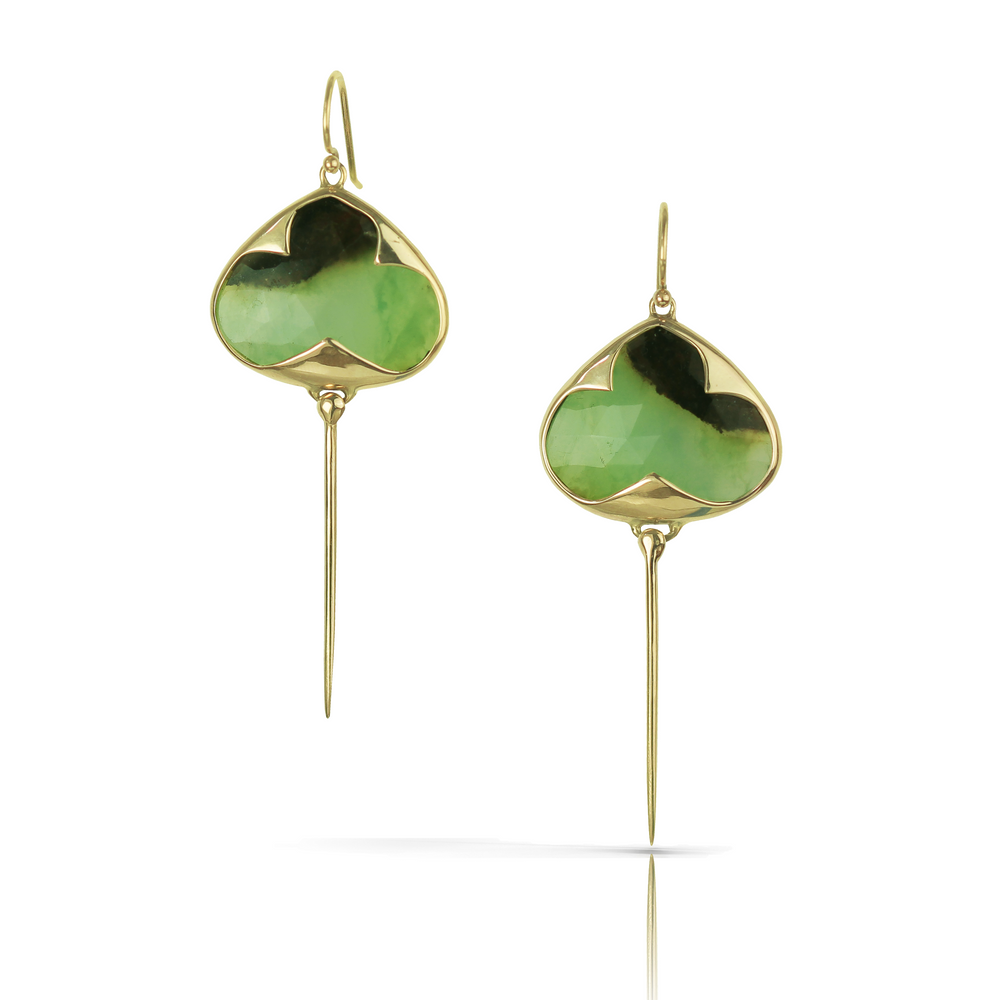 
                  
                    Yellow gold earrings with french hooks, bezel set green and black garnet stones, and an elongated tail dangling from the bottom
                  
                